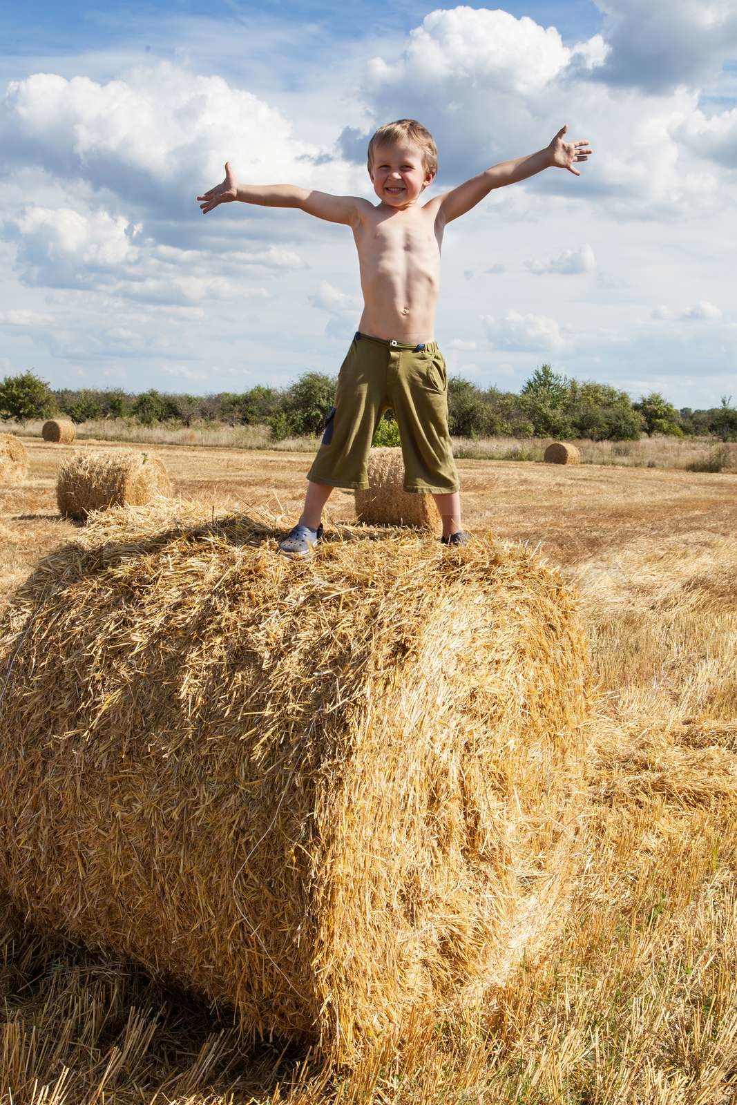 Junge steht auf Ballen Stroh | Stock Bild | Colourbox