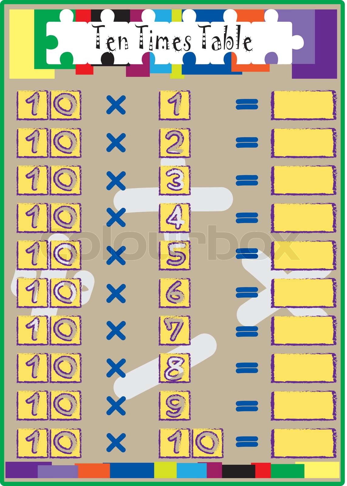 Multiplication Math drill with Ten Times Table Stock vector Colourbox