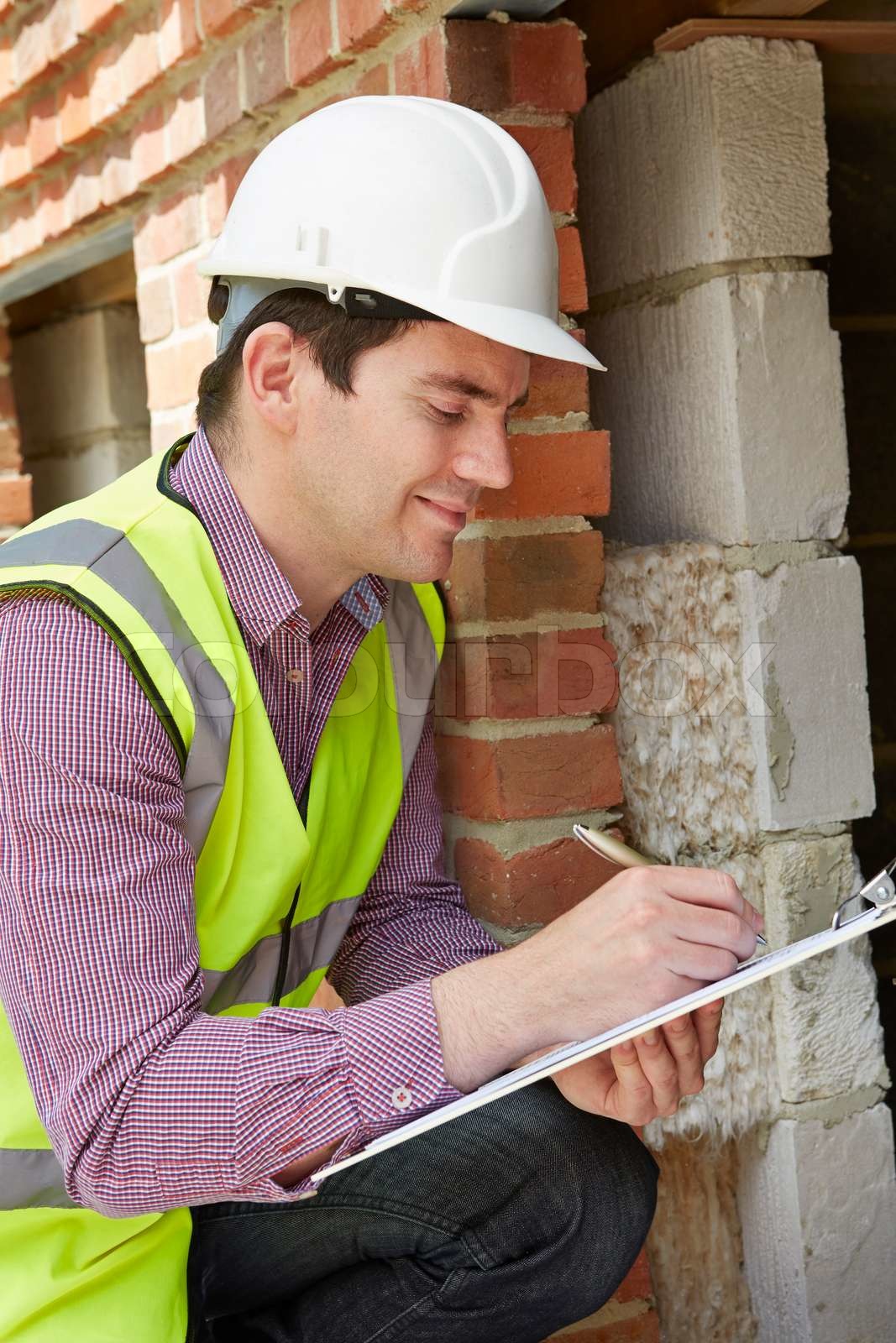 Architect Checking Insulation During Construction Project Stock image