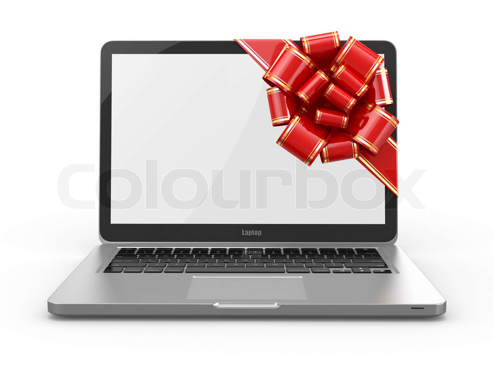 Laptop gift. Bow and ribbon on screen | Stock image | Colourbox