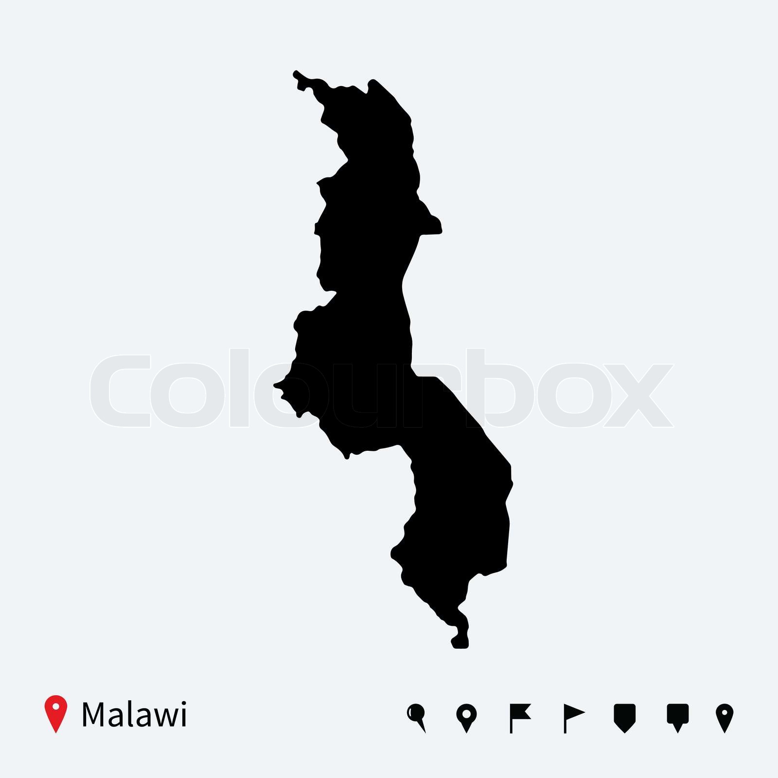 High detailed vector map of Malawi with navigation pins. | Stock vector