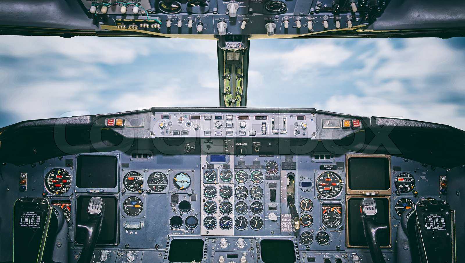 Aircraft dashboard. View inside the pilot's cabin. Stock image