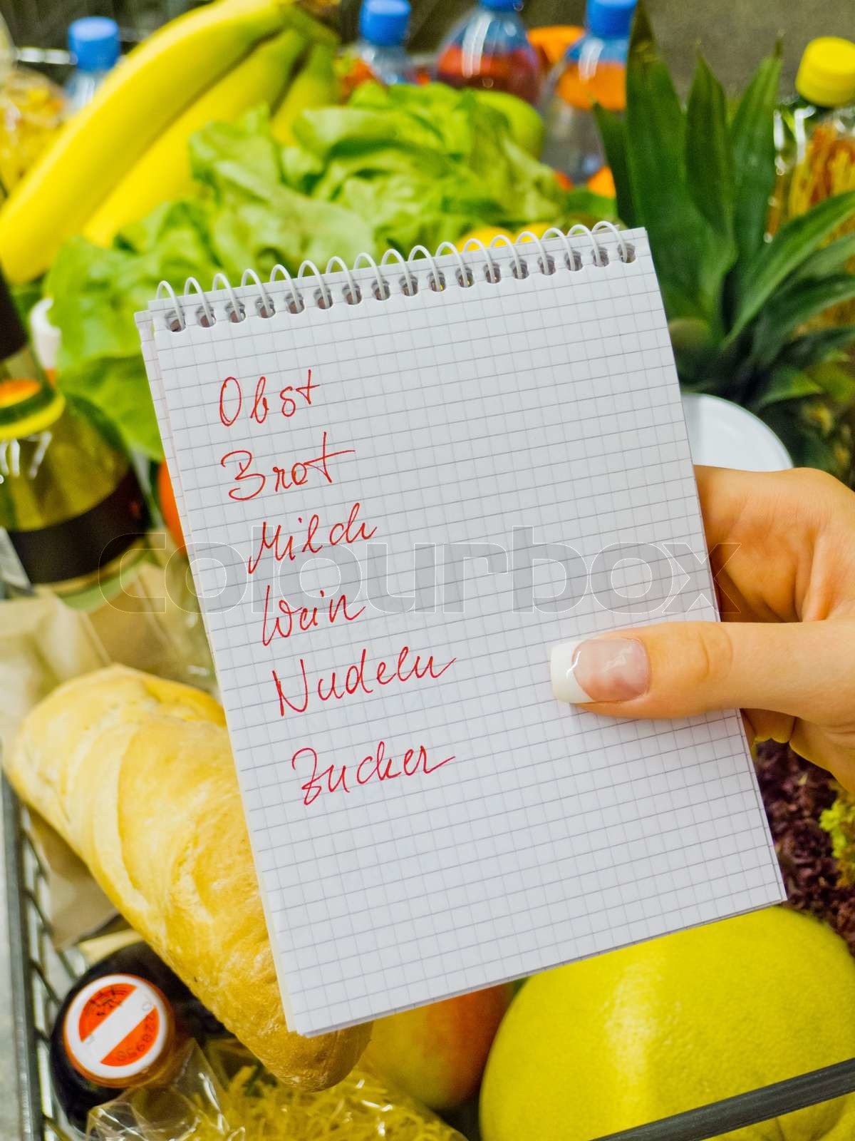 shopping list in the supermarket (german) Stock image Colourbox