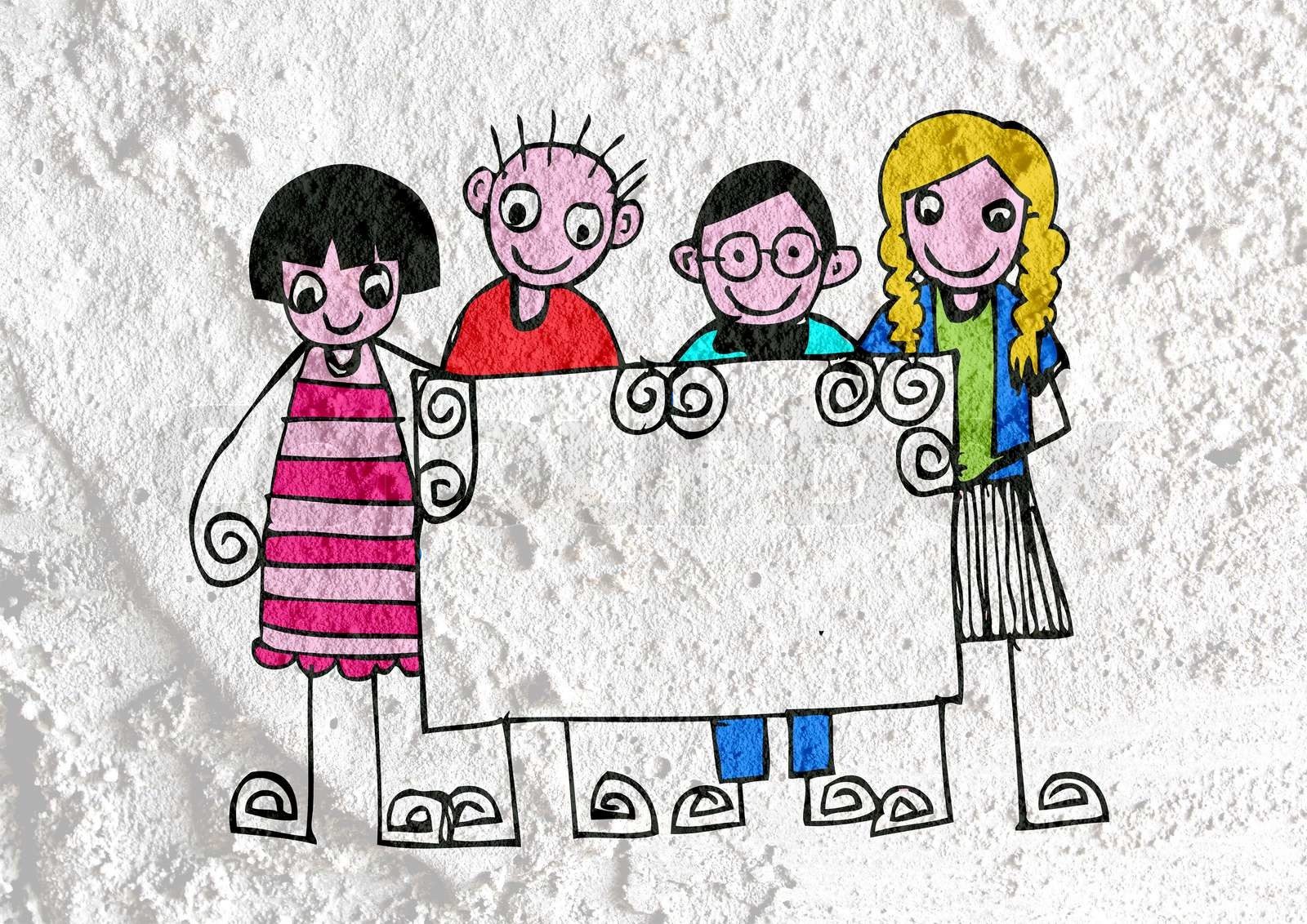 Cartoon teenagers blank frame on cement wall background texture stock