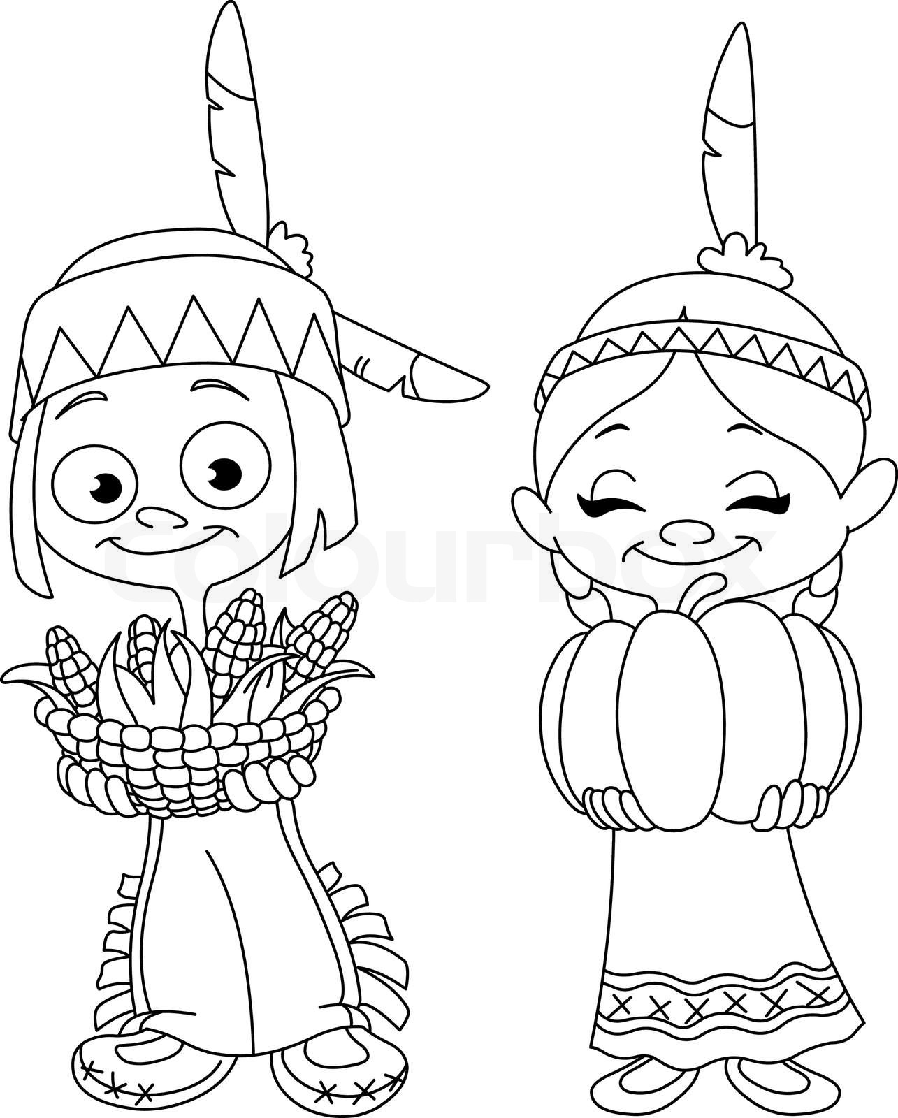 Outlined American Indian children | Stock vector | Colourbox