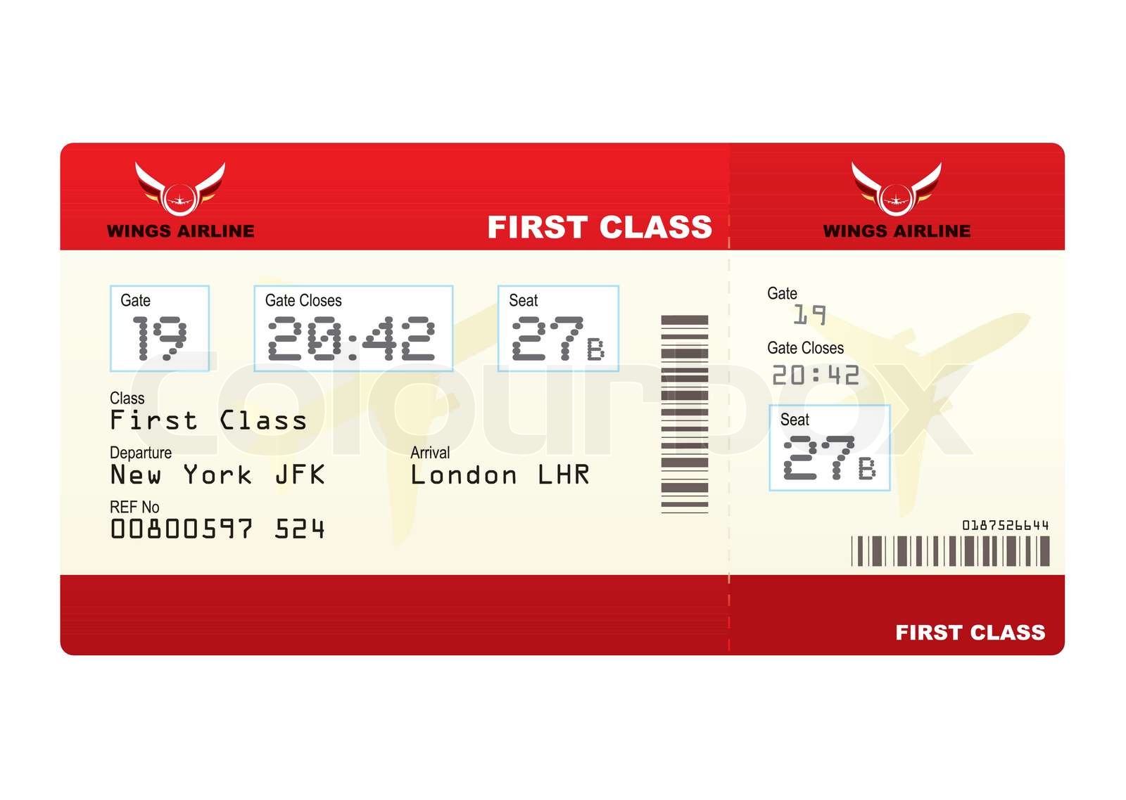 Rote erstklassige Flugticket mit Gate Nummer und Sitz StockVektor Colourbox