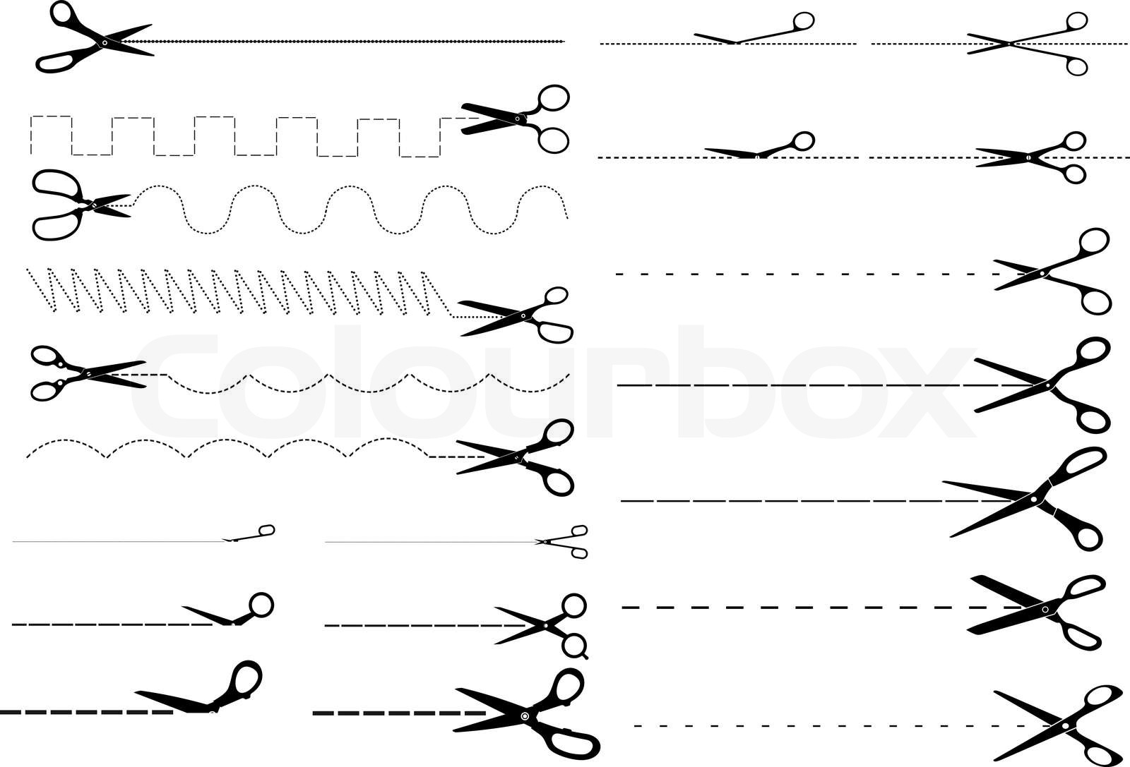 Dotted and dashed cut lines with scissors set Stock vector Colourbox
