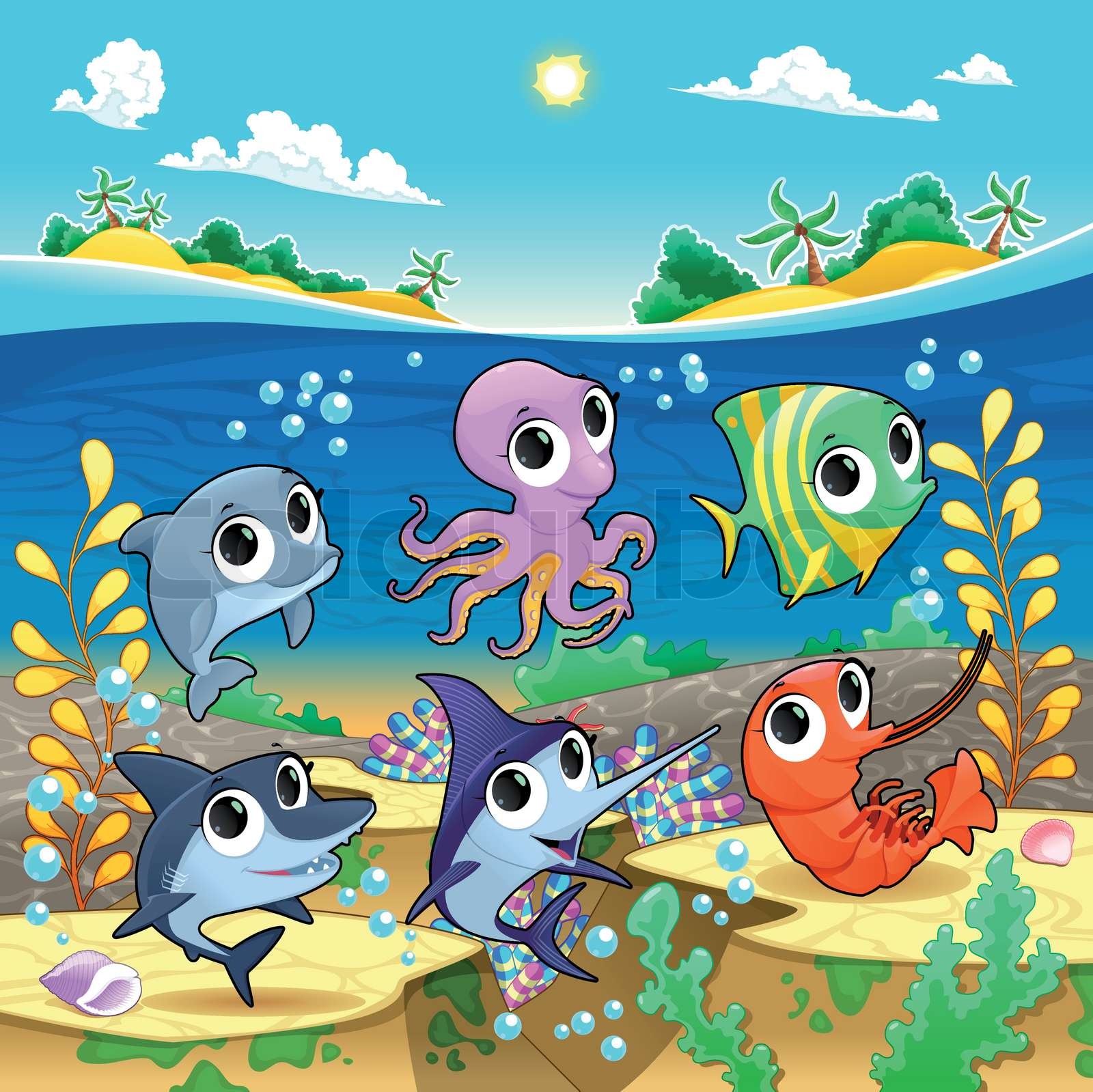 funny-marine-animals-in-the-sea-stock-vector-colourbox