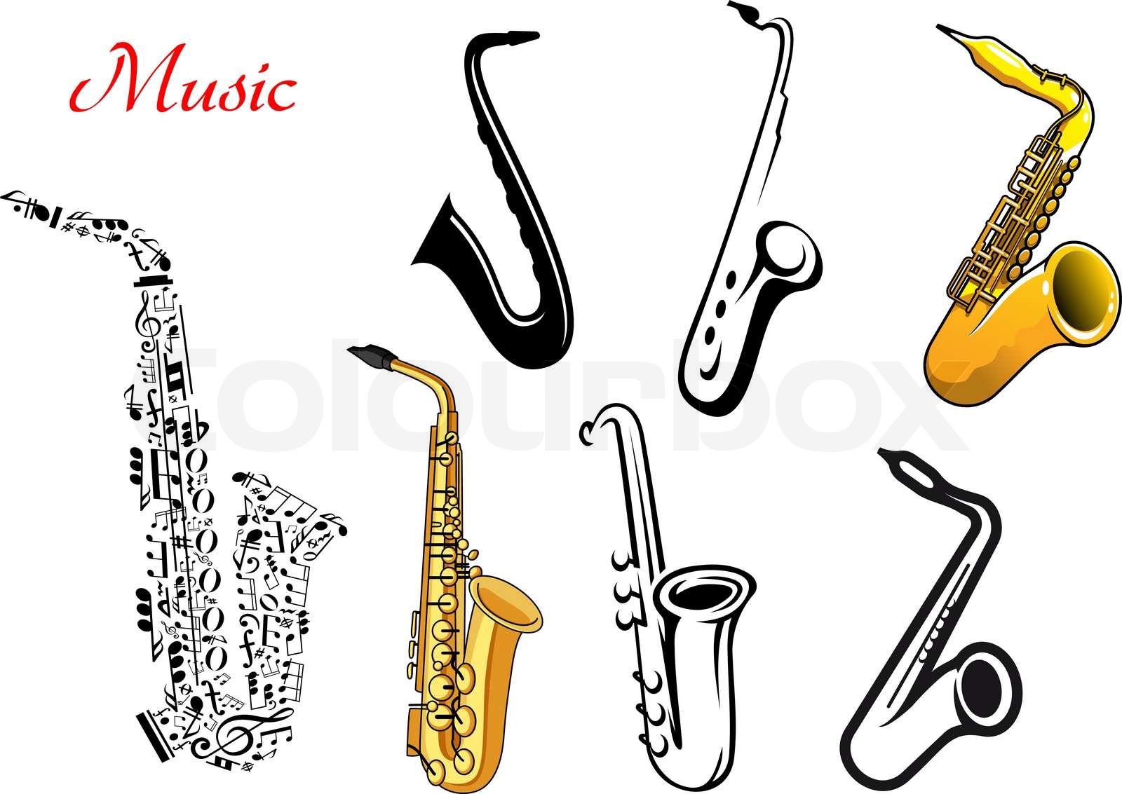 Cartoon saxophone music instruments Stock vector Colourbox