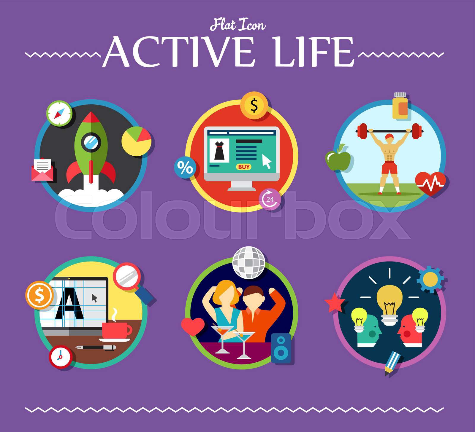 active life collection of vector illustration various topics flat style Stock vector Colourbox