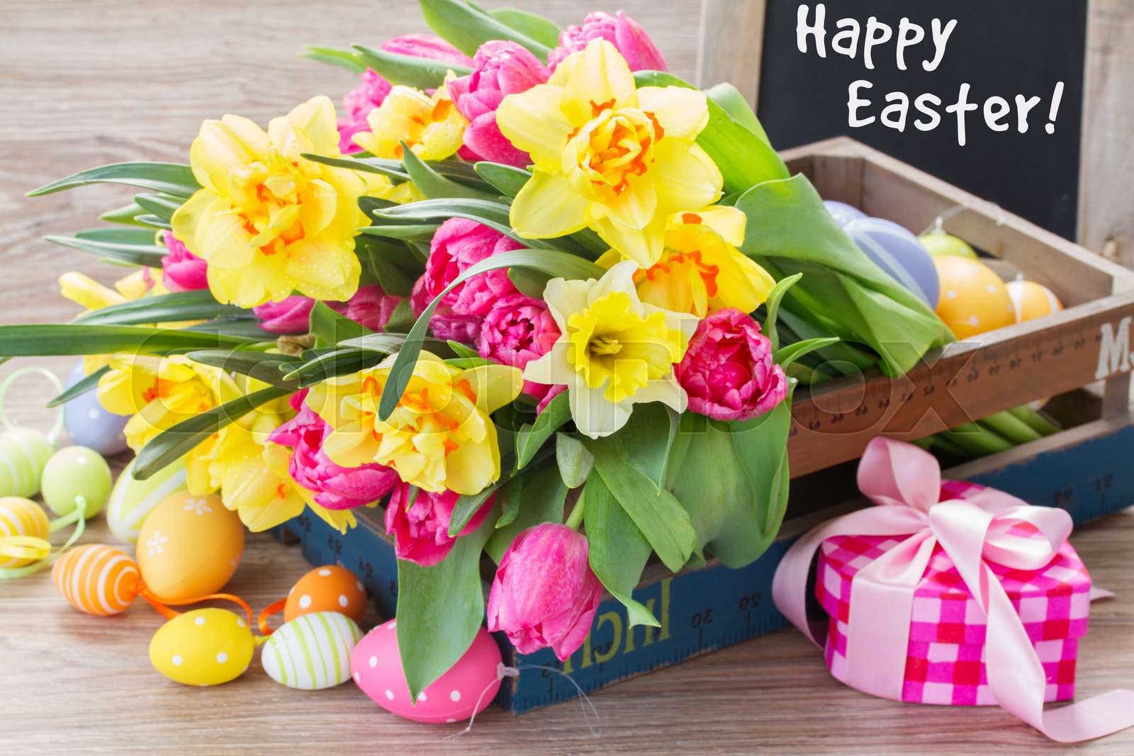 spring flowers bouquet with easter eggs Stock image Colourbox