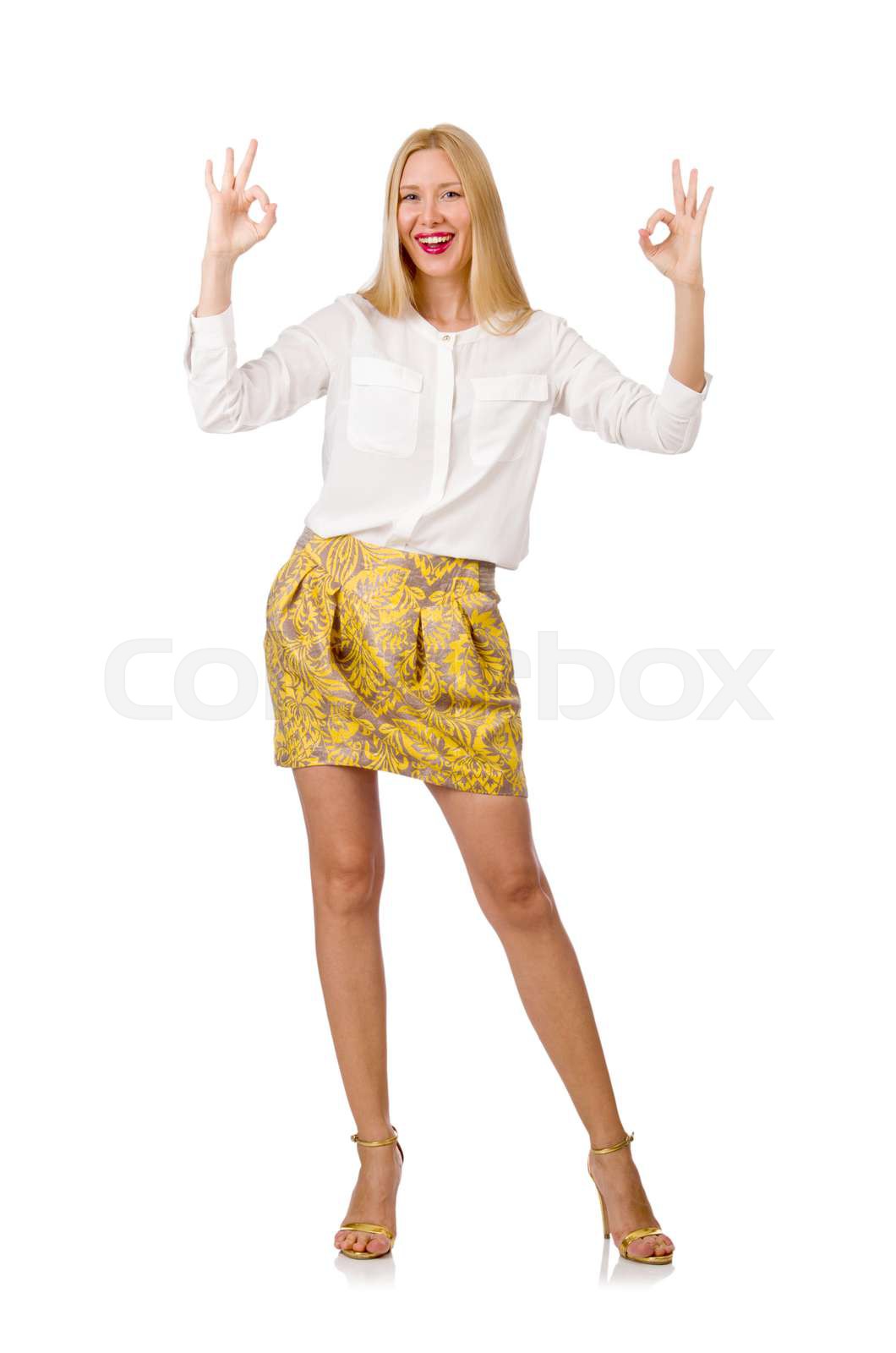 Woman giving thumbs up isolated on white stock image colourbox