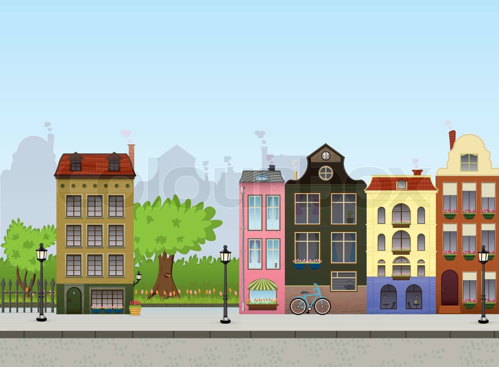cartoon, town, scene | Stock vector | Colourbox