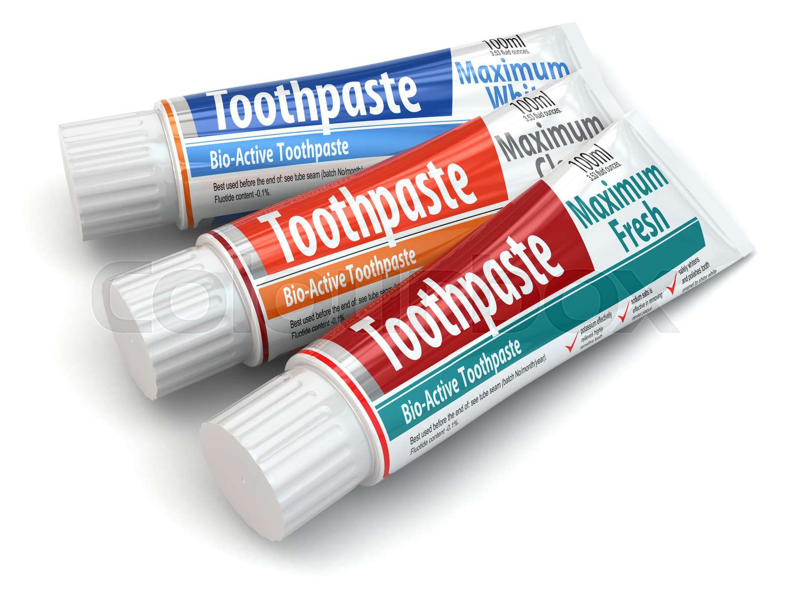 Three toothpaste containers. 3d Stock image Colourbox