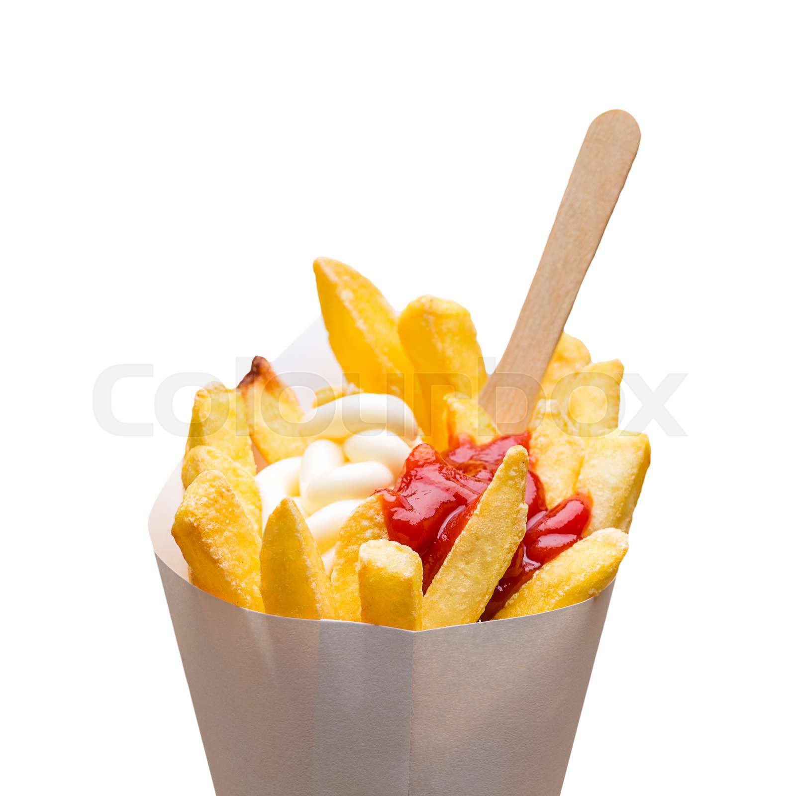 fries pommes portion with ketchup and mayonnaise Stock image Colourbox