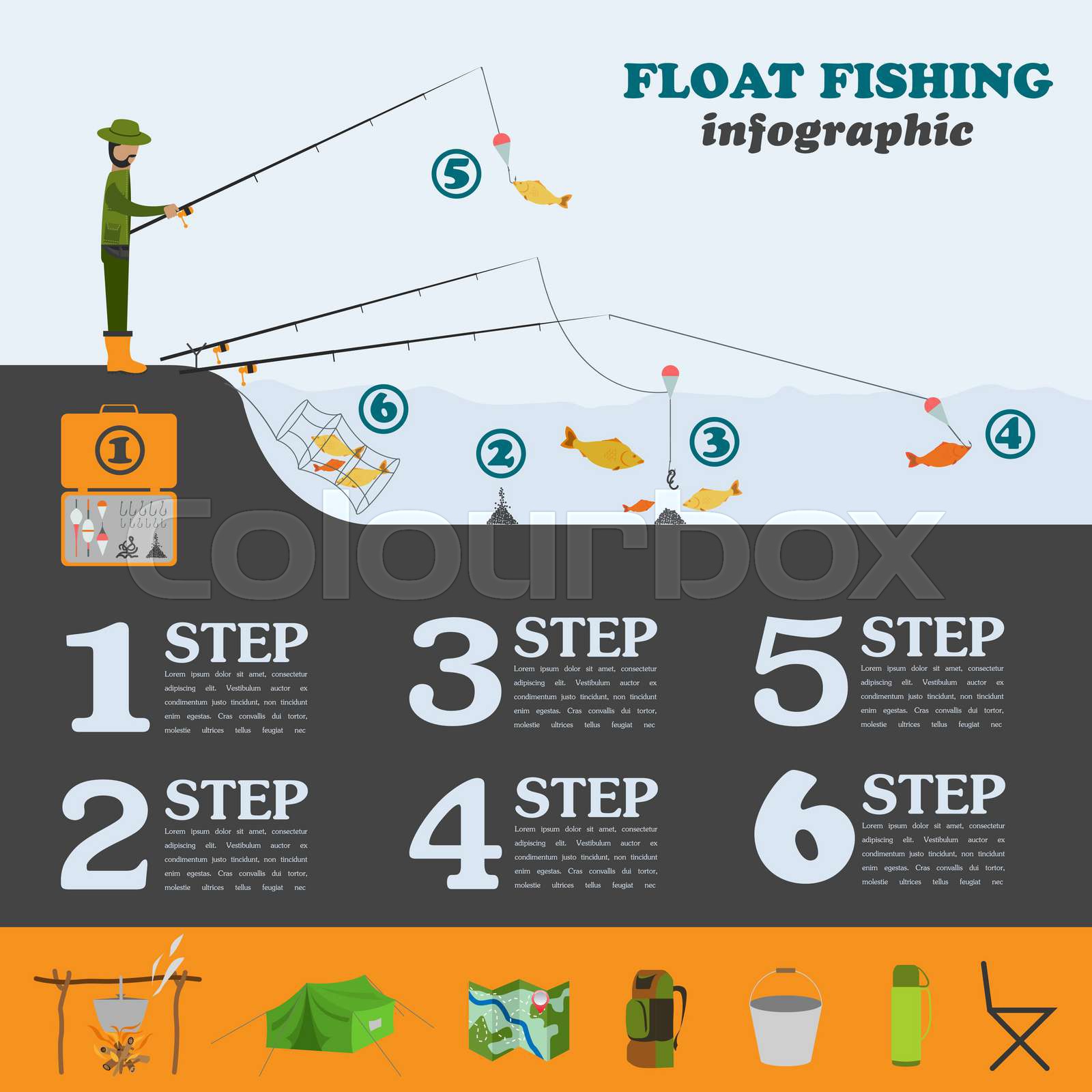 Fishing infographic. Float fishing. Set elements for creating your own
