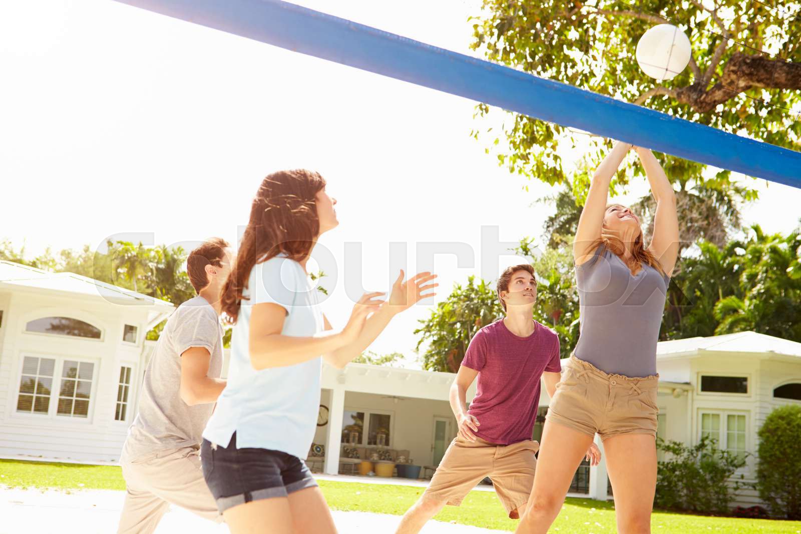 Group Of Young Friends Playing Volleyball Match Stock Image Colourbox