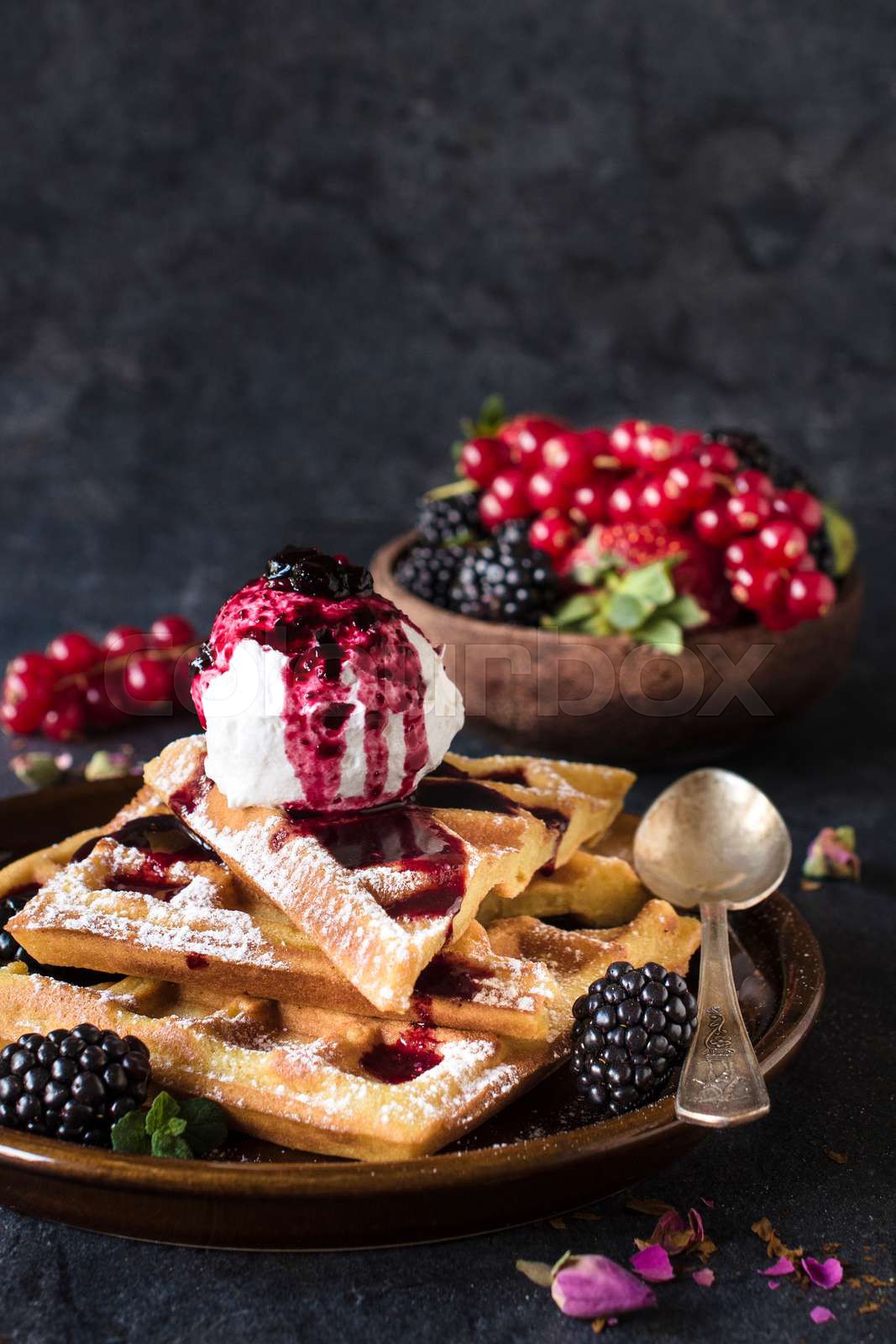Homemade waffles and ice cream Stock image Colourbox