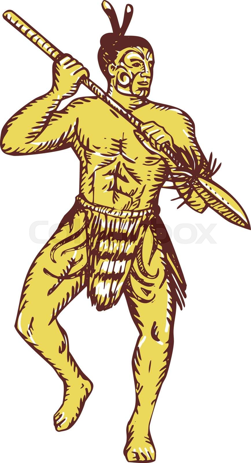 Maori Chief Warrior Holding Taiaha Etching | Stock vector | Colourbox