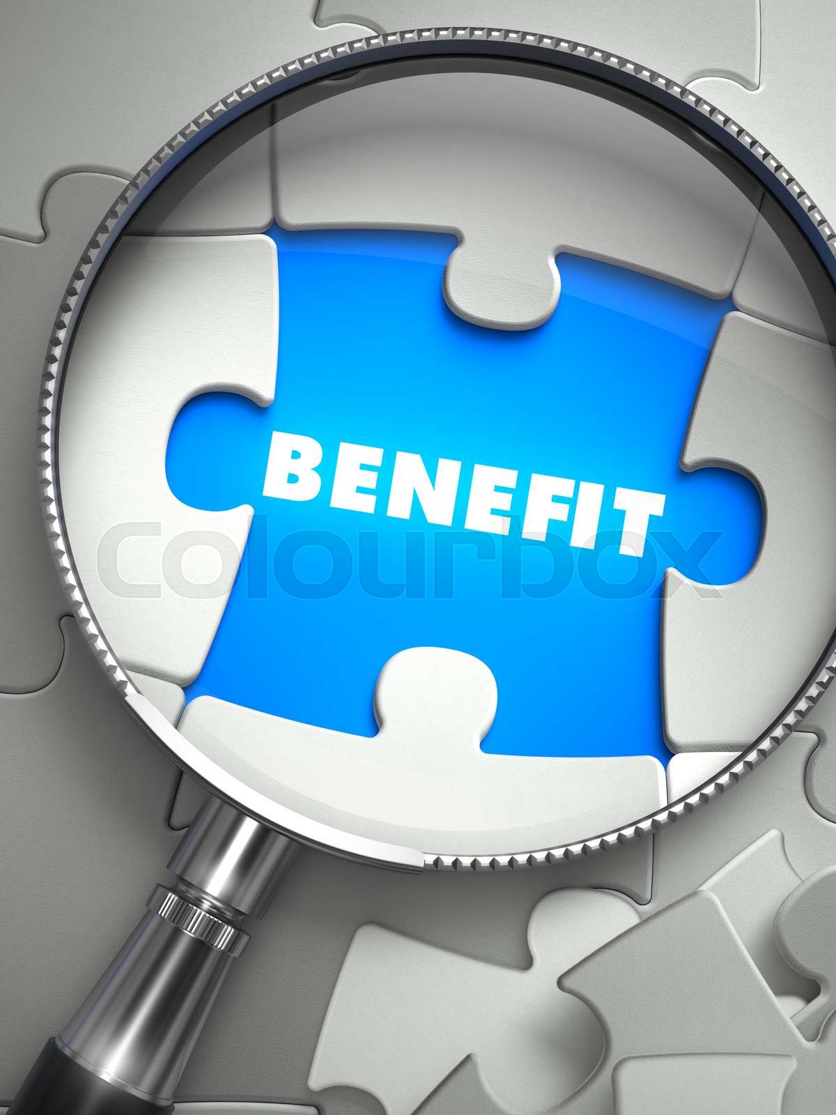 Benefit Puzzle with Missing Piece through Loupe. Stock image