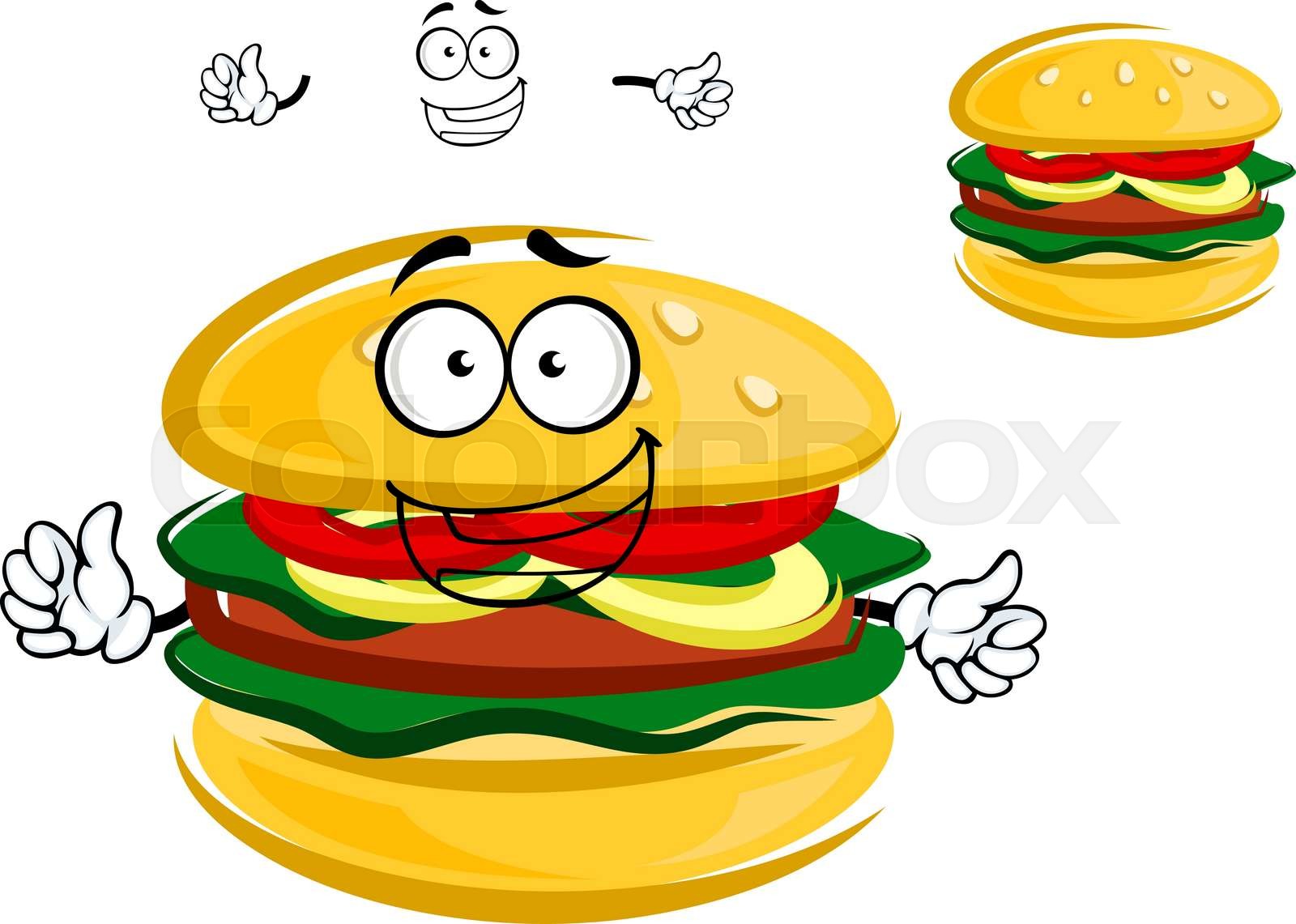 Happy tasty tempting cartoon hamburger character | Stock vector | Colourbox