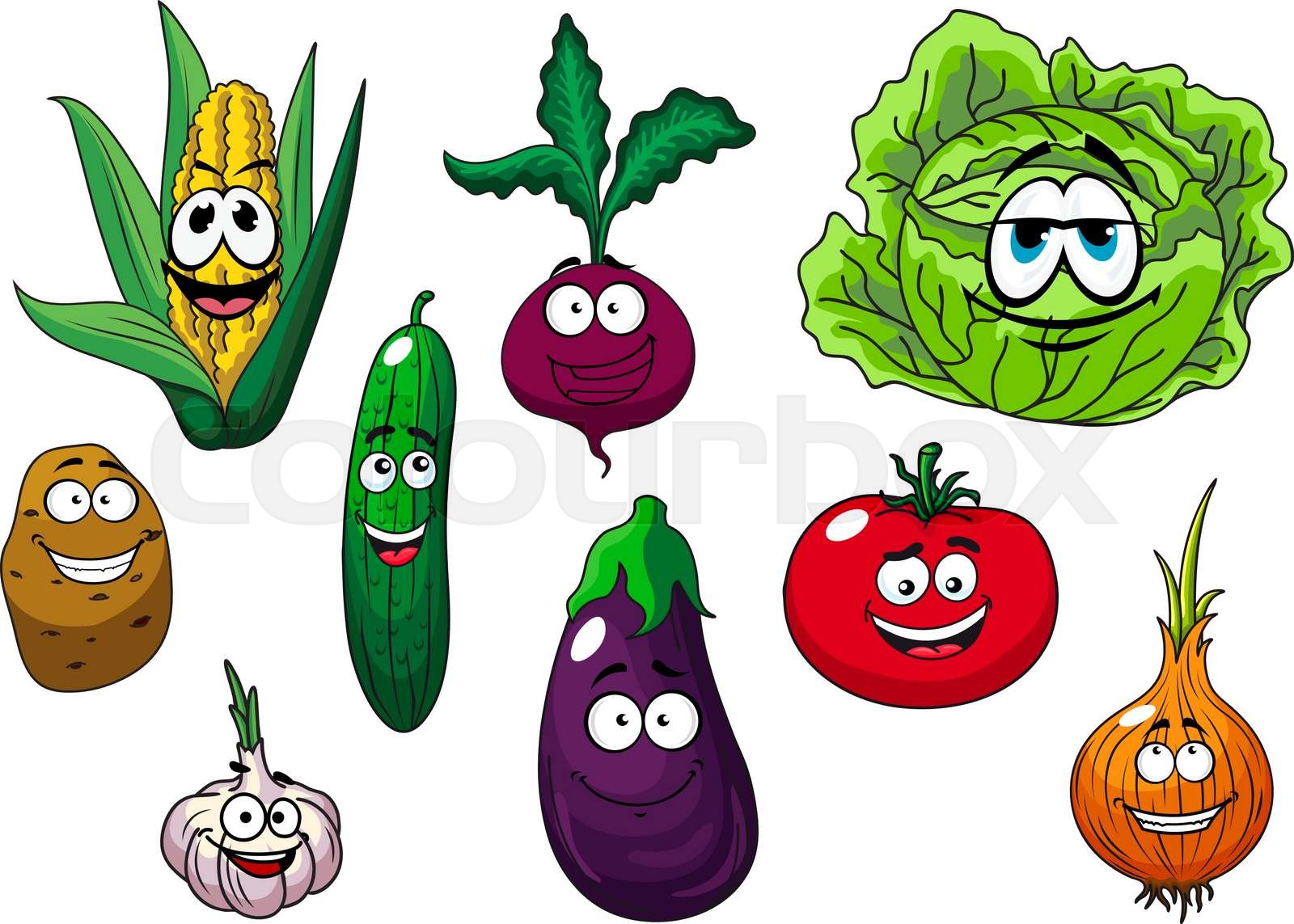 Fresh tasty cartoon vegetables characters Stock vector Colourbox