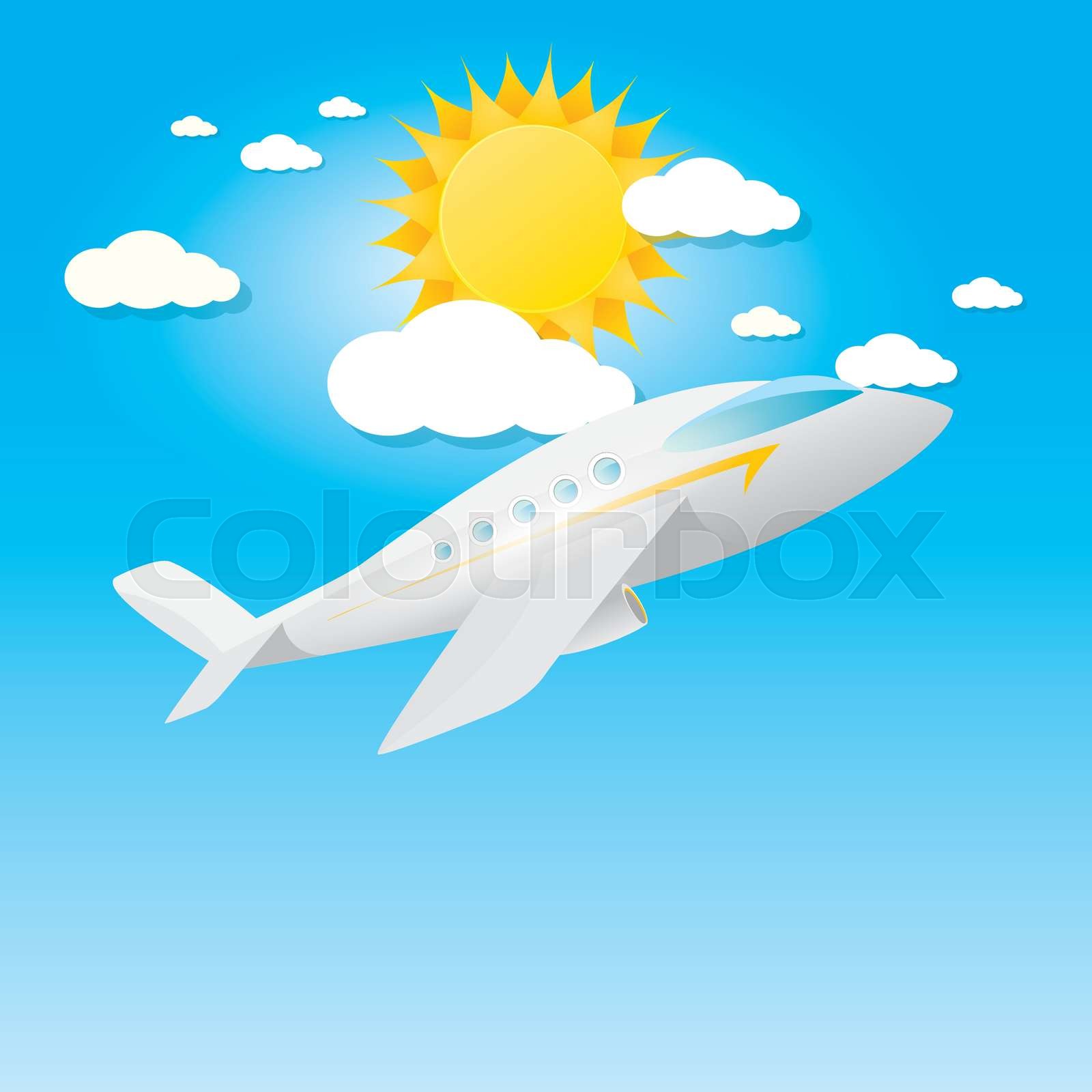airplane in blue sky with sun and clouds. | Stock vector | Colourbox