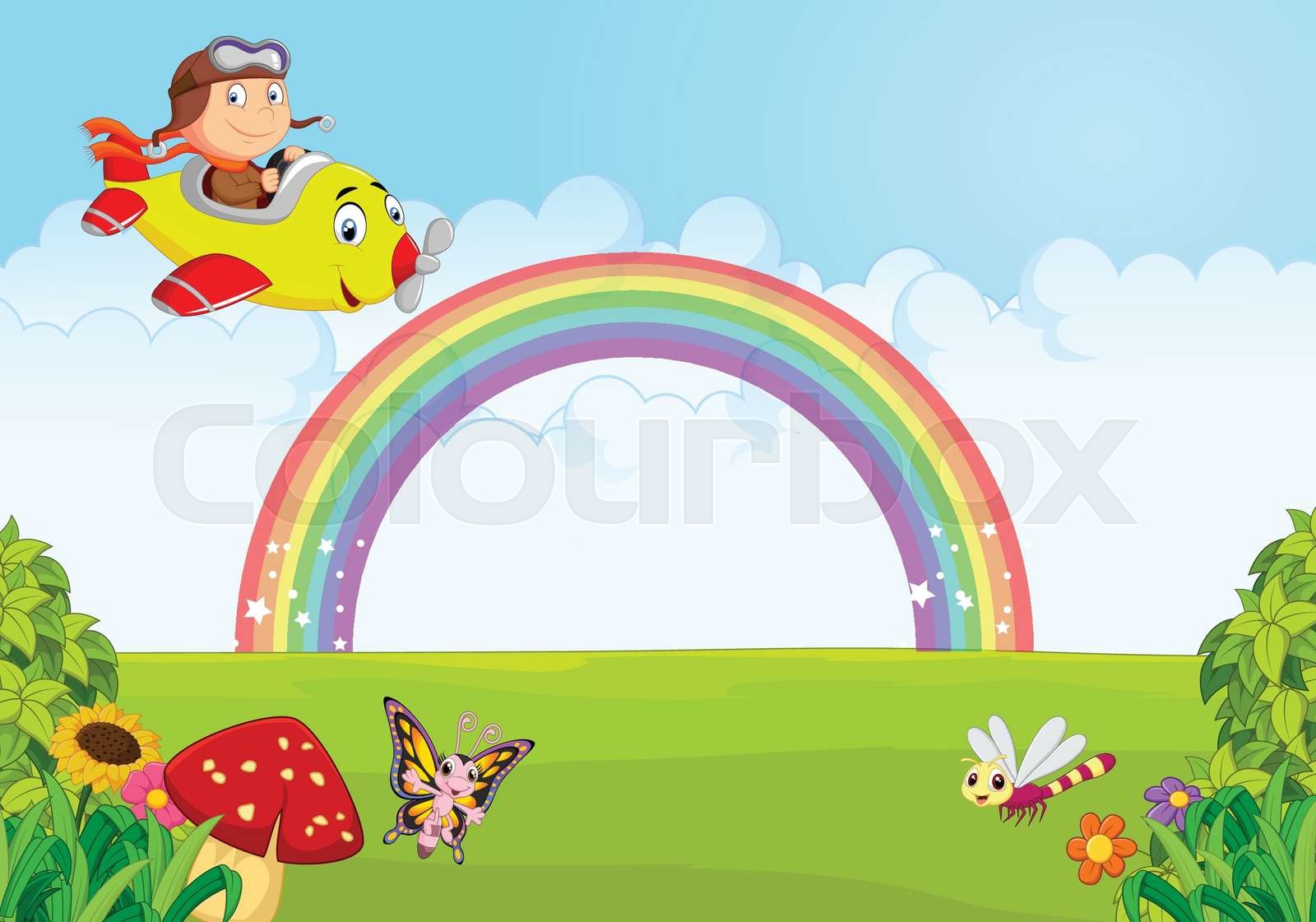 Cartoon Little Boy Operating a Plane with rainbow | Stock vector ...