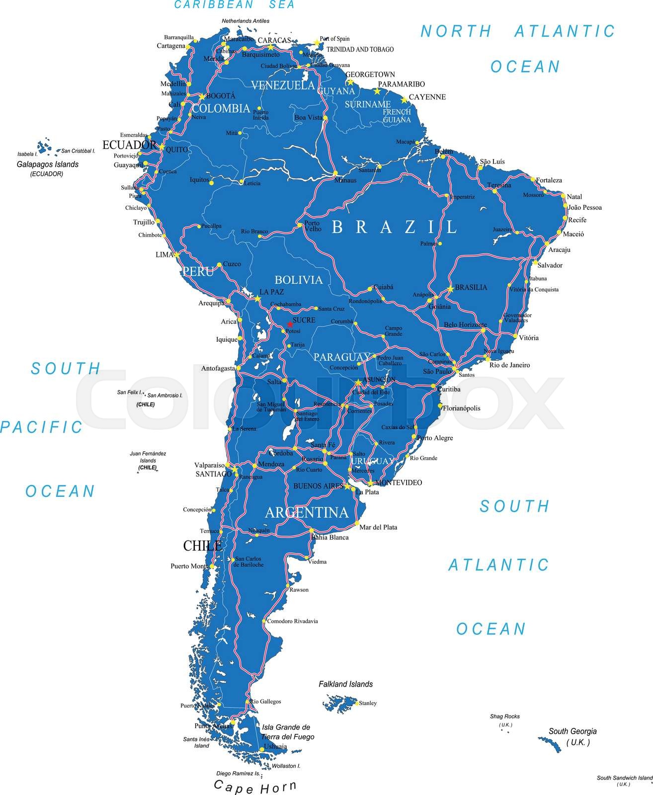 South America Road Map South America Road Map | Stock Vector | Colourbox