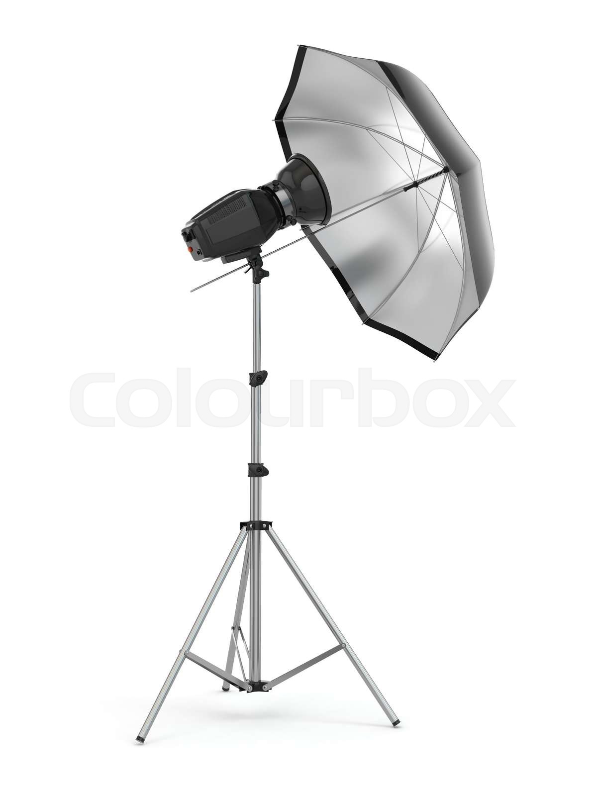 Studio strobe light flash with umbrella. Stock image Colourbox