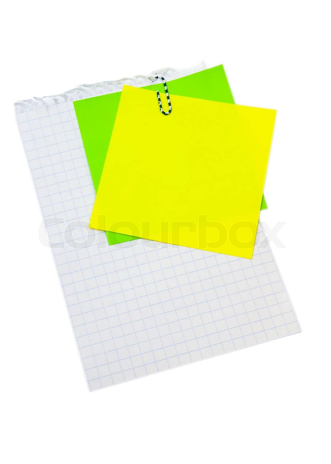 Two postits on the sheet of paper Stock image Colourbox