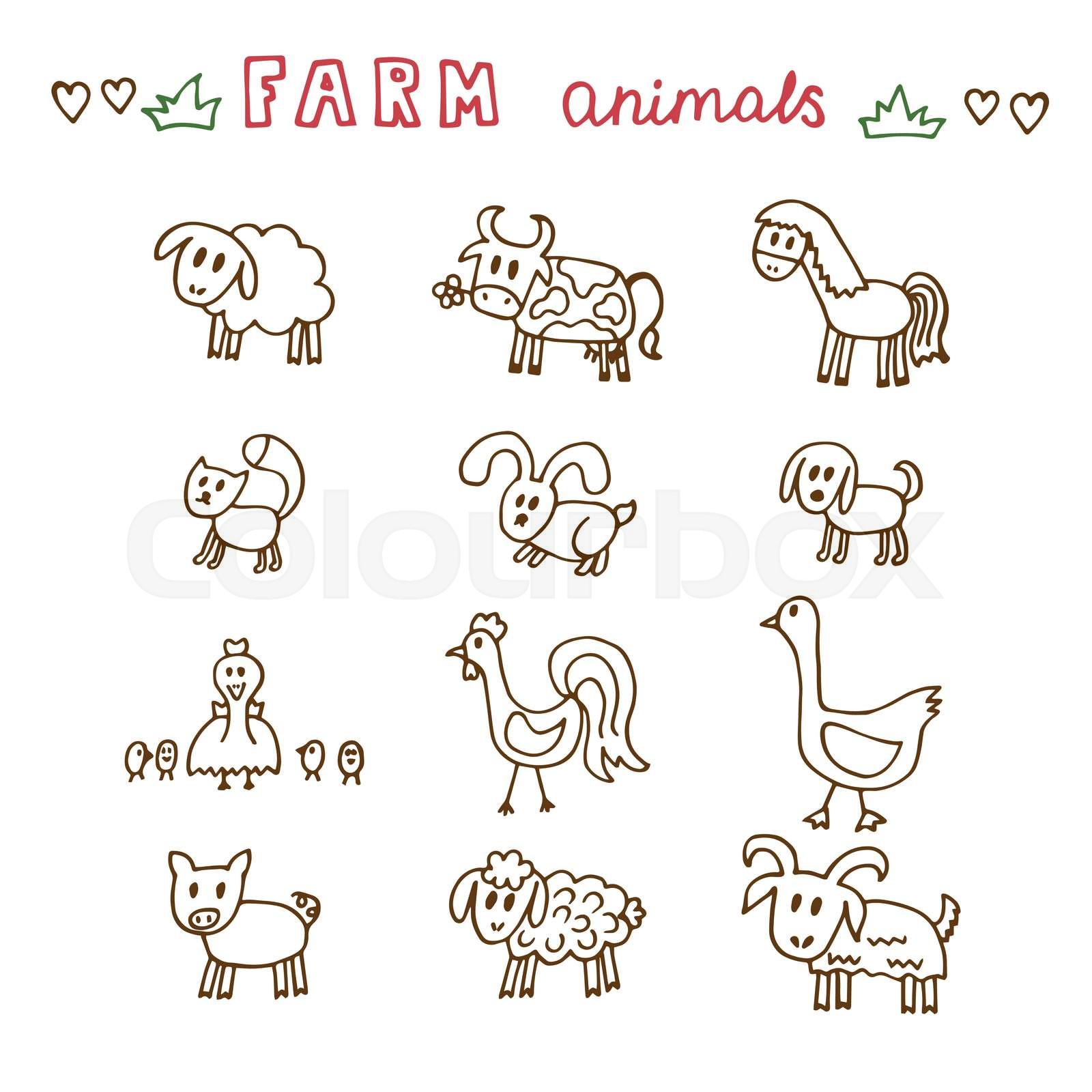 Set of hand drawn farm animals Sheep cow horse pig goose duck