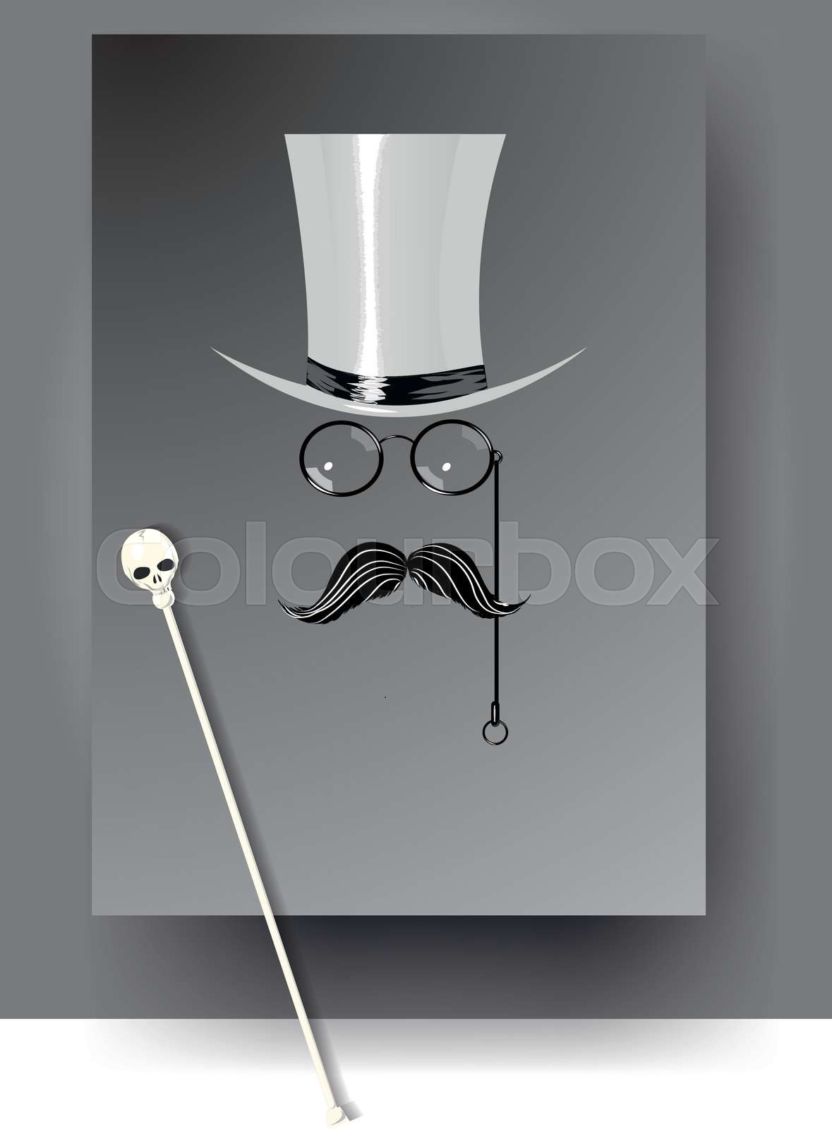 Cylinder, moustache, monocle and cane | Stock vector | Colourbox