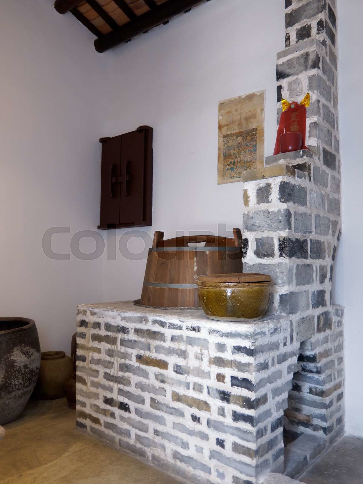 Old Chinese kitchen set and stove | Stock image | Colourbox