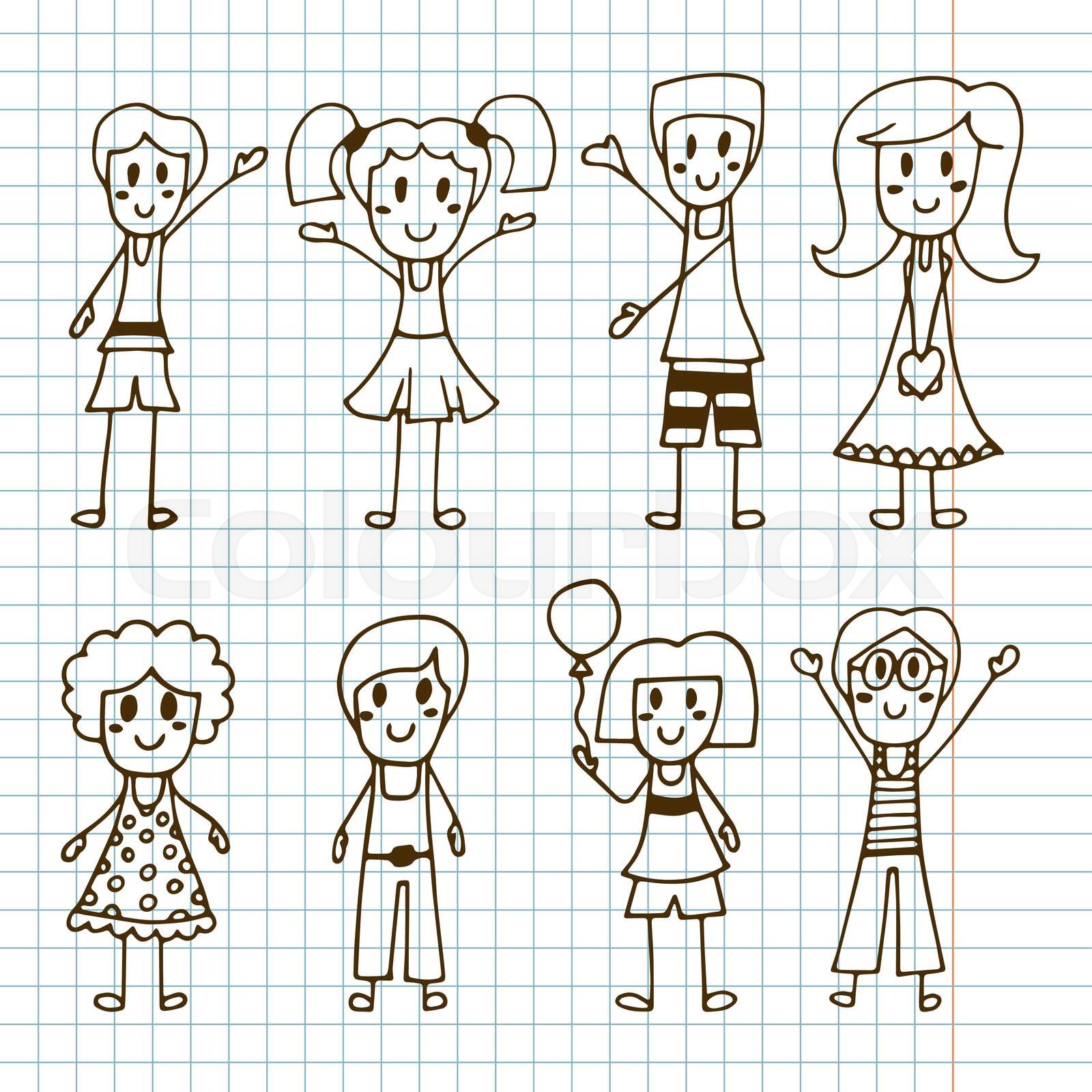 Hand drawn cute little kids. Collection of happy children | Stock ...