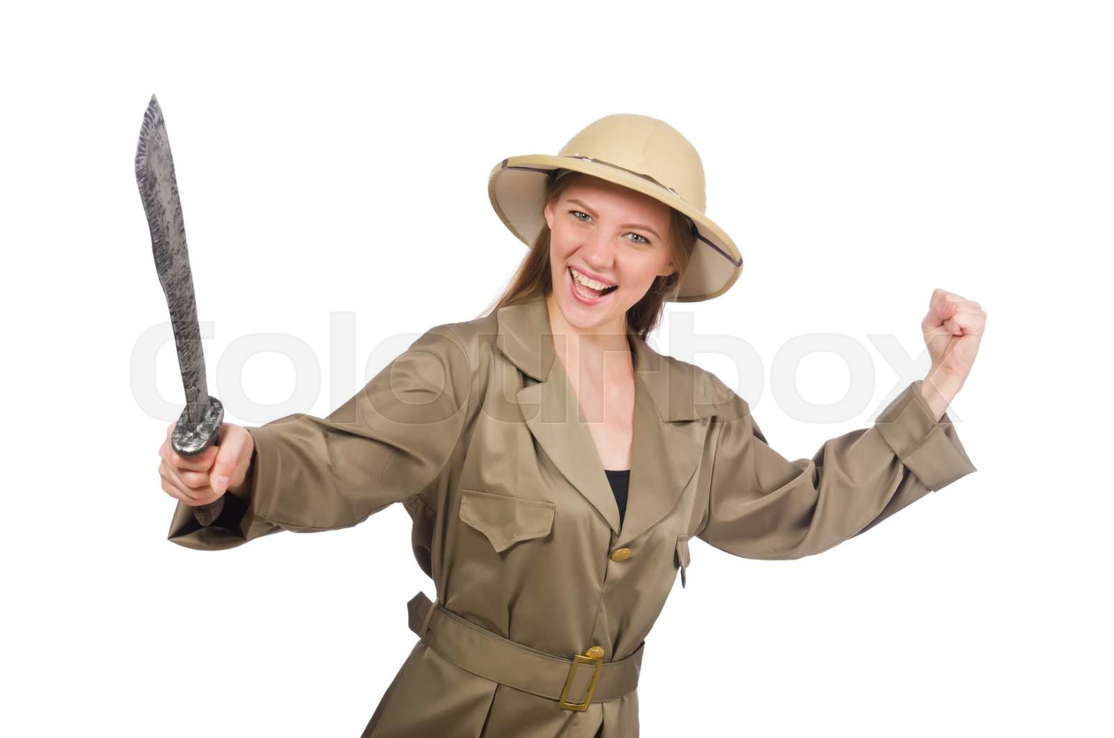 Woman wearing safari hat on white Stock image Colourbox