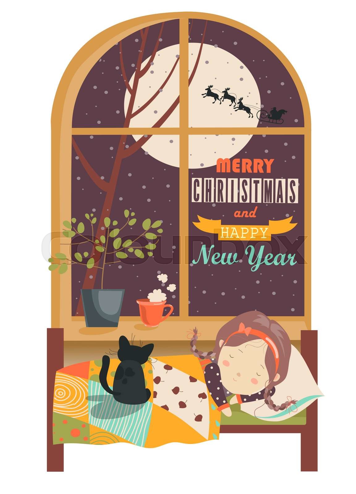 Little girl sleeping by the window.Christmas Eve | Stock vector | Colourbox