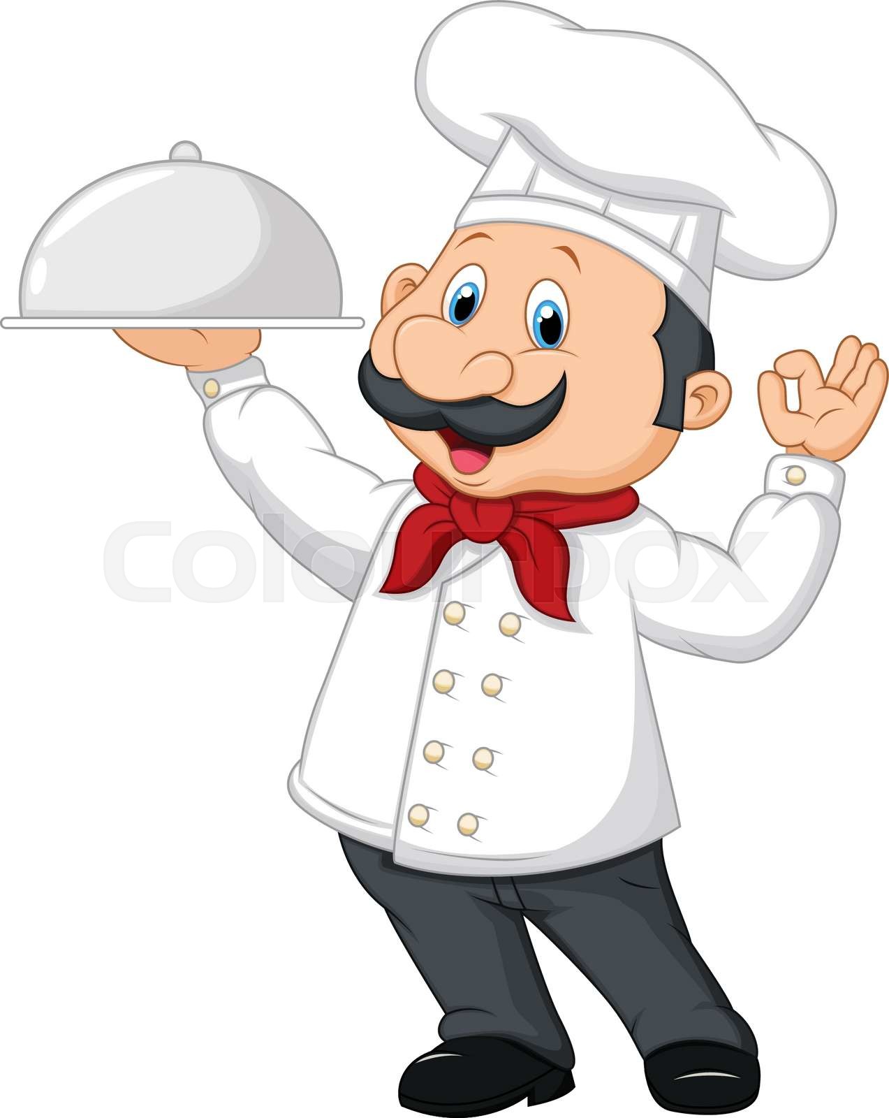 Cartoon funny chef with a moustache holding a silver platter | Stock