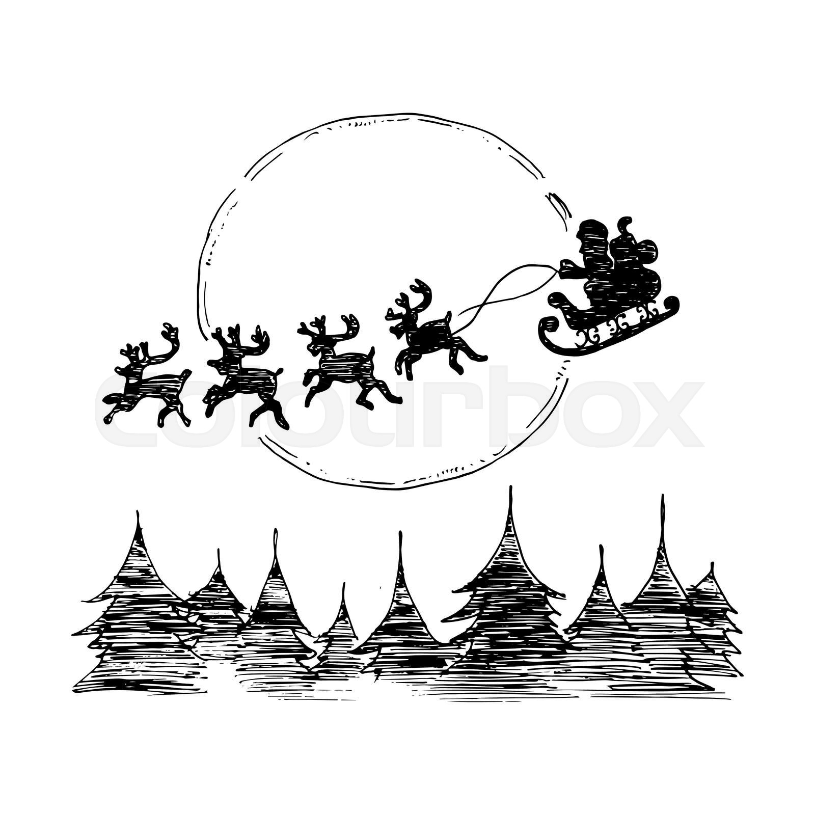 Santa on Sleigh and His Reindeers. Vector illustration isolated on ...