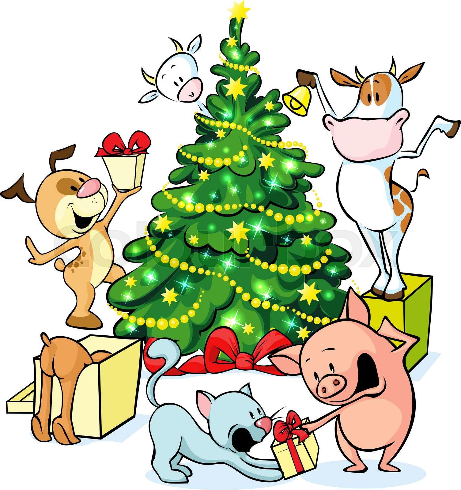 farm animals celebrate Christmas under the tree - vector illustration