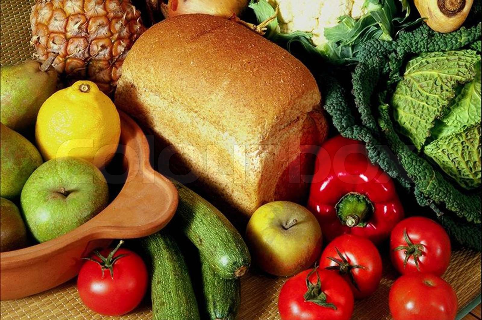 Bread, fresh fruit and vegetables Stock image Colourbox