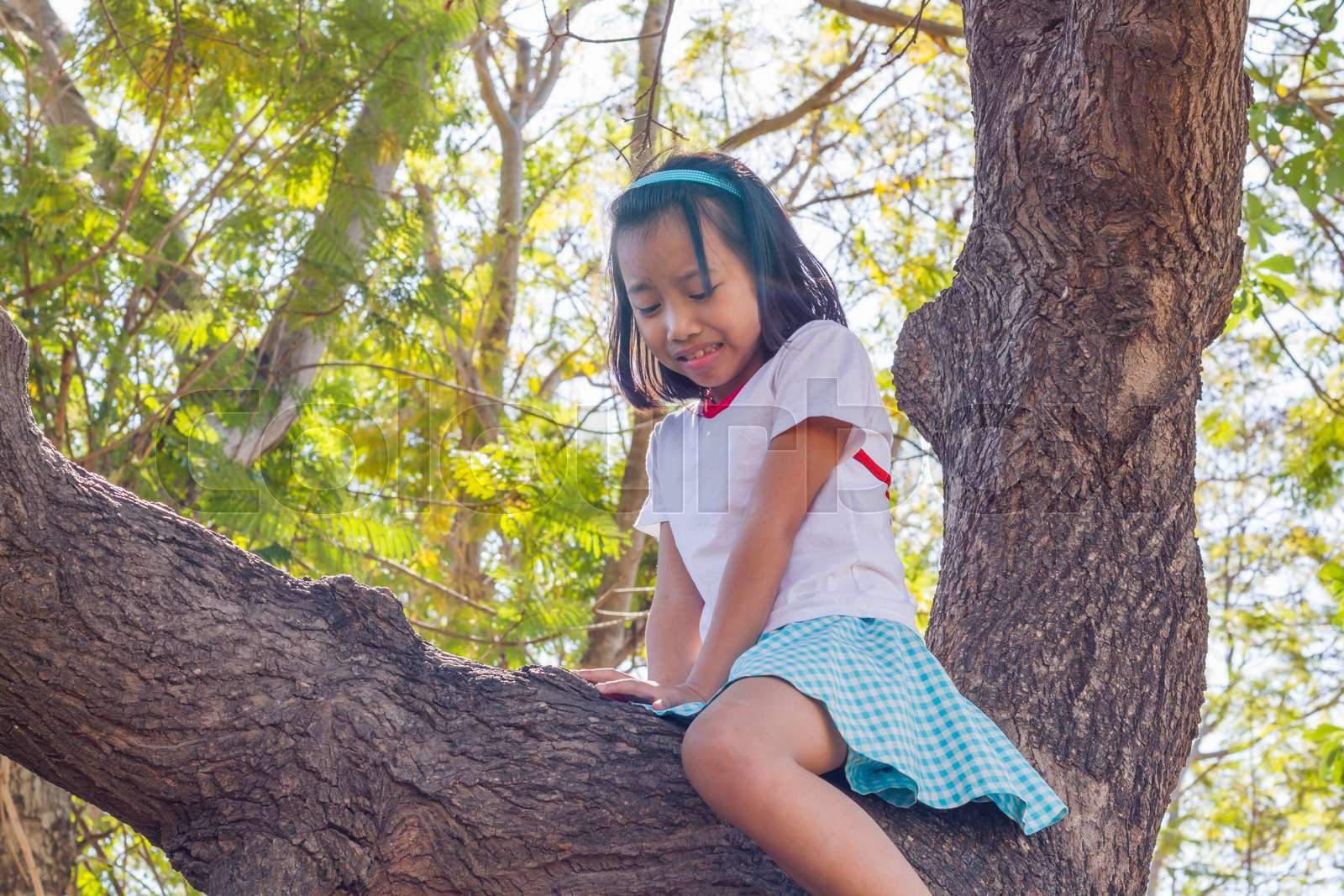 Close up asian children climbing trees are afraid of falling trees