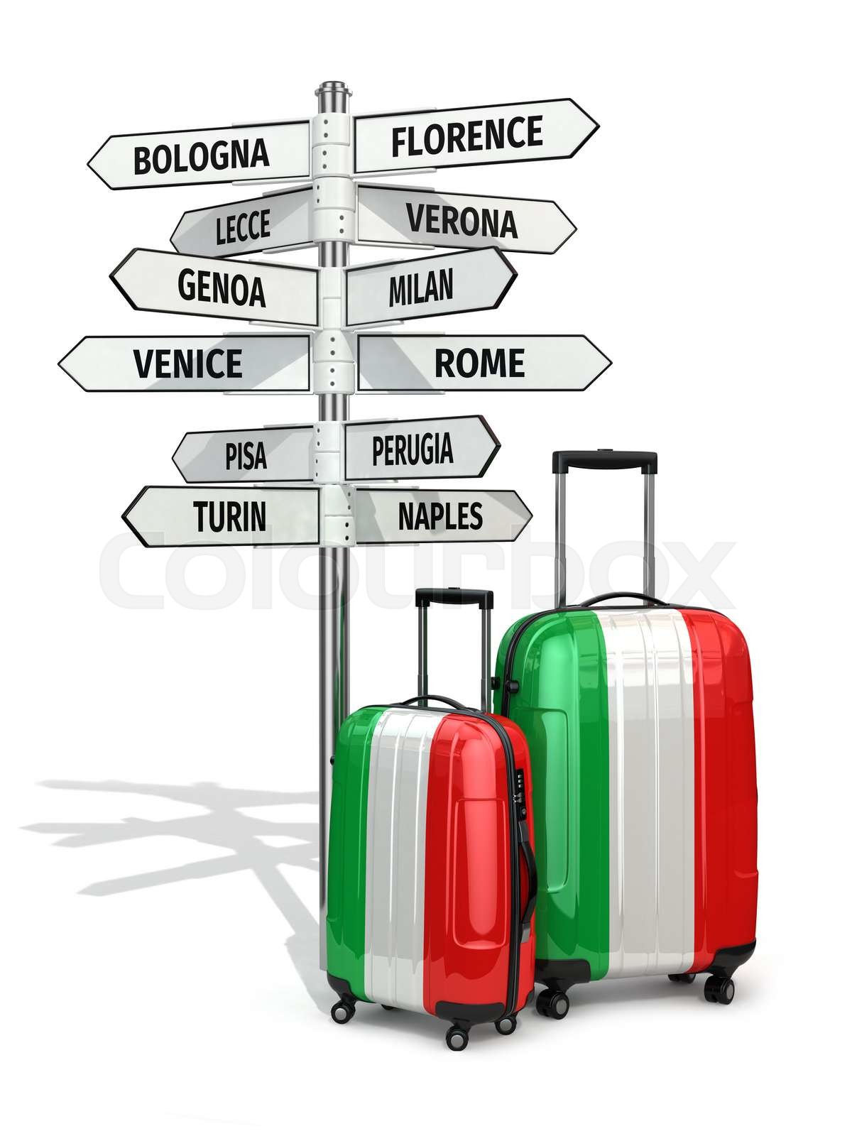 Travel concept. Suitcases and signpost what to visit in Italy. Stock