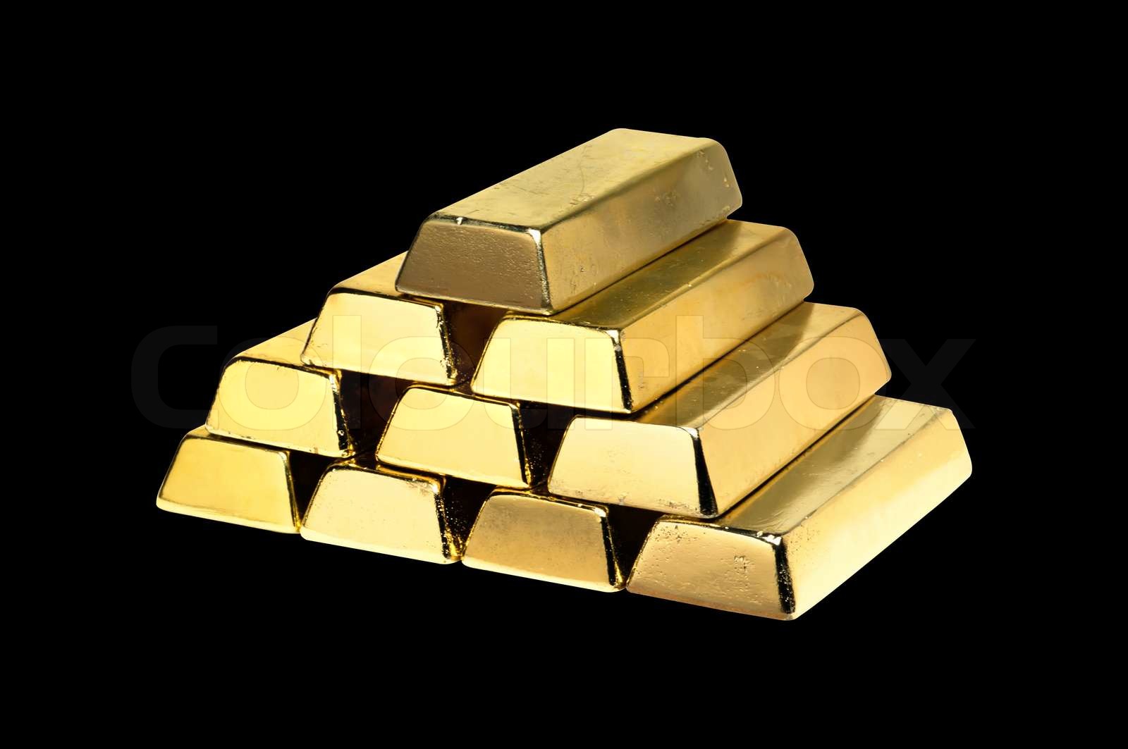 Gold bars isolated on black background Stock image Colourbox