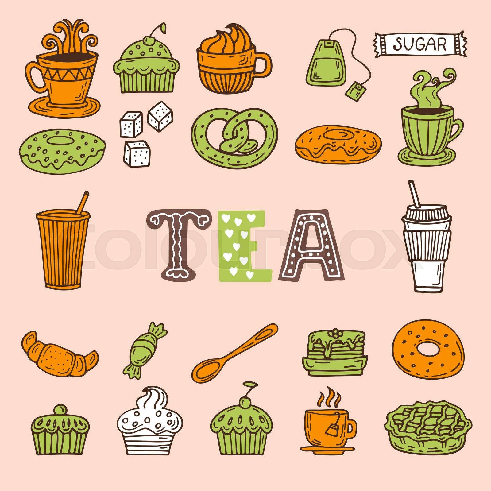 Hand drawn tea and desserts. Tea time | Stock vector | Colourbox