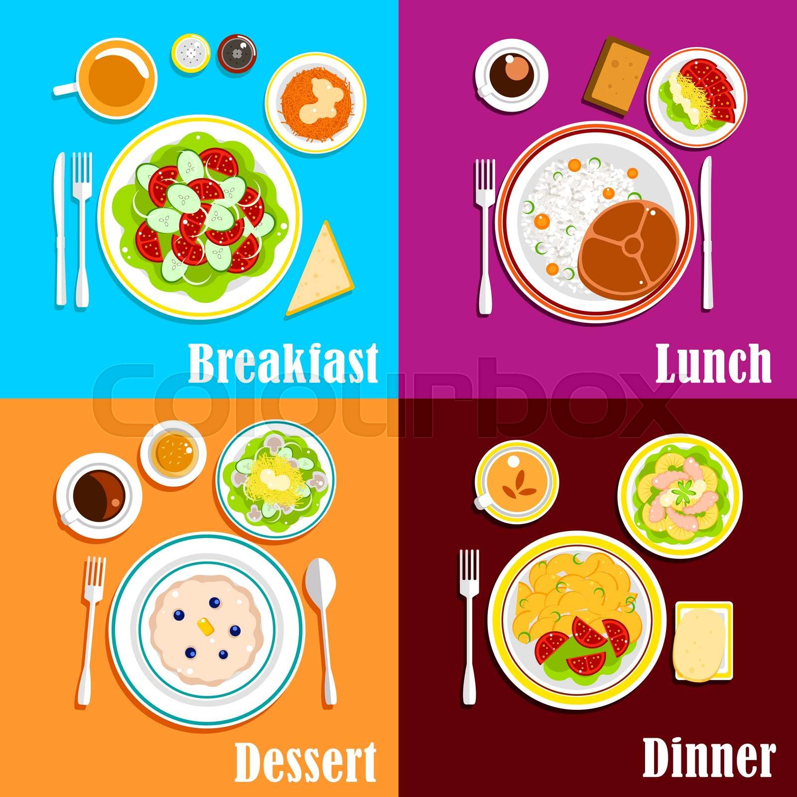 European breakfast, dinner and lunch | Stock vector | Colourbox