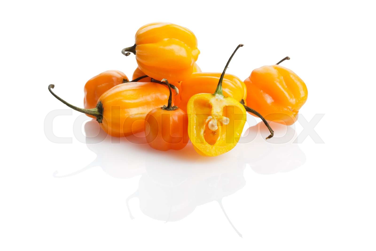 yellow habanero chili peppers isolated | Stock image | Colourbox