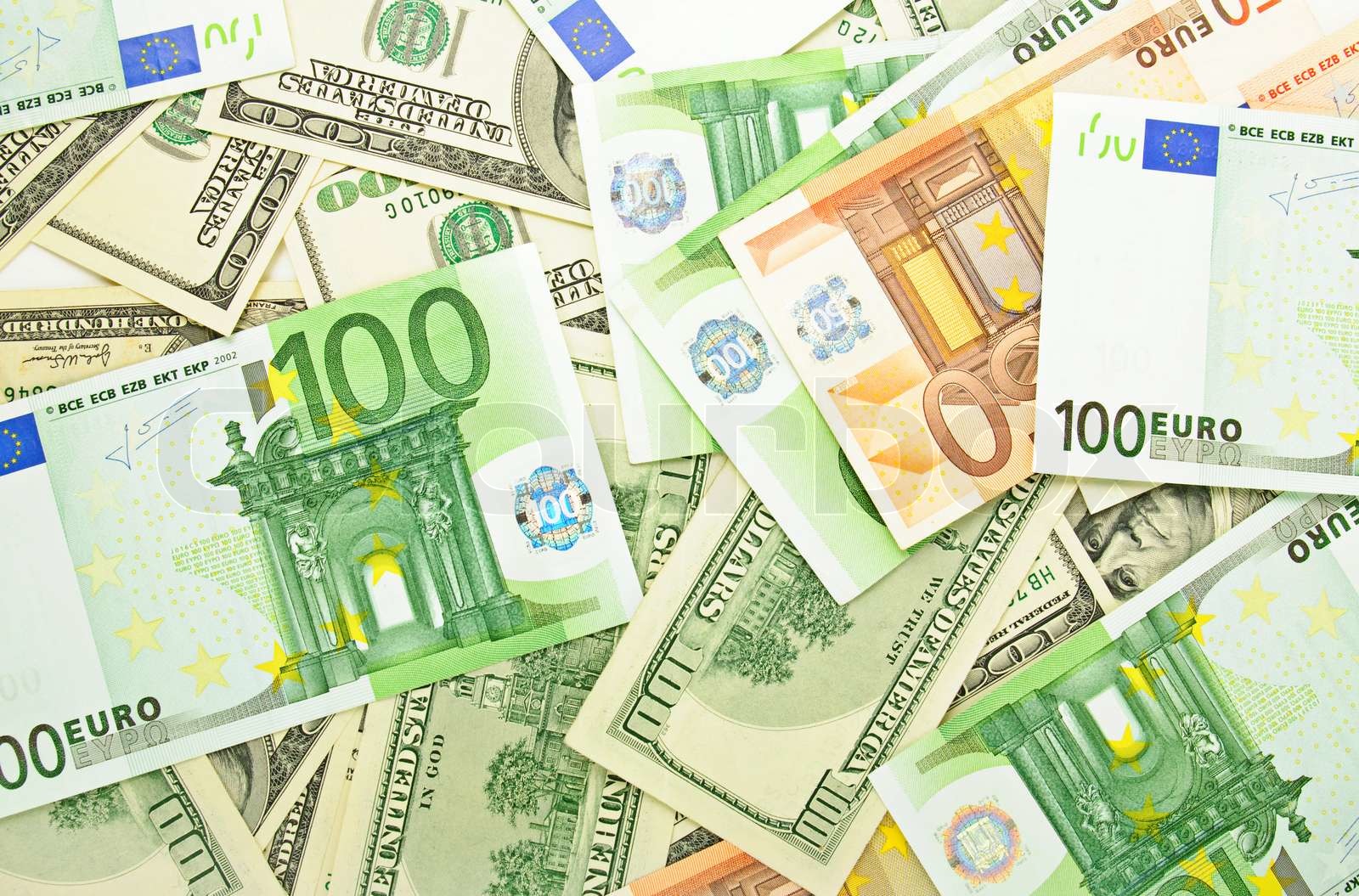 Hintergrund von Dollarund Euro Banknoten verschiedener Stock Bild