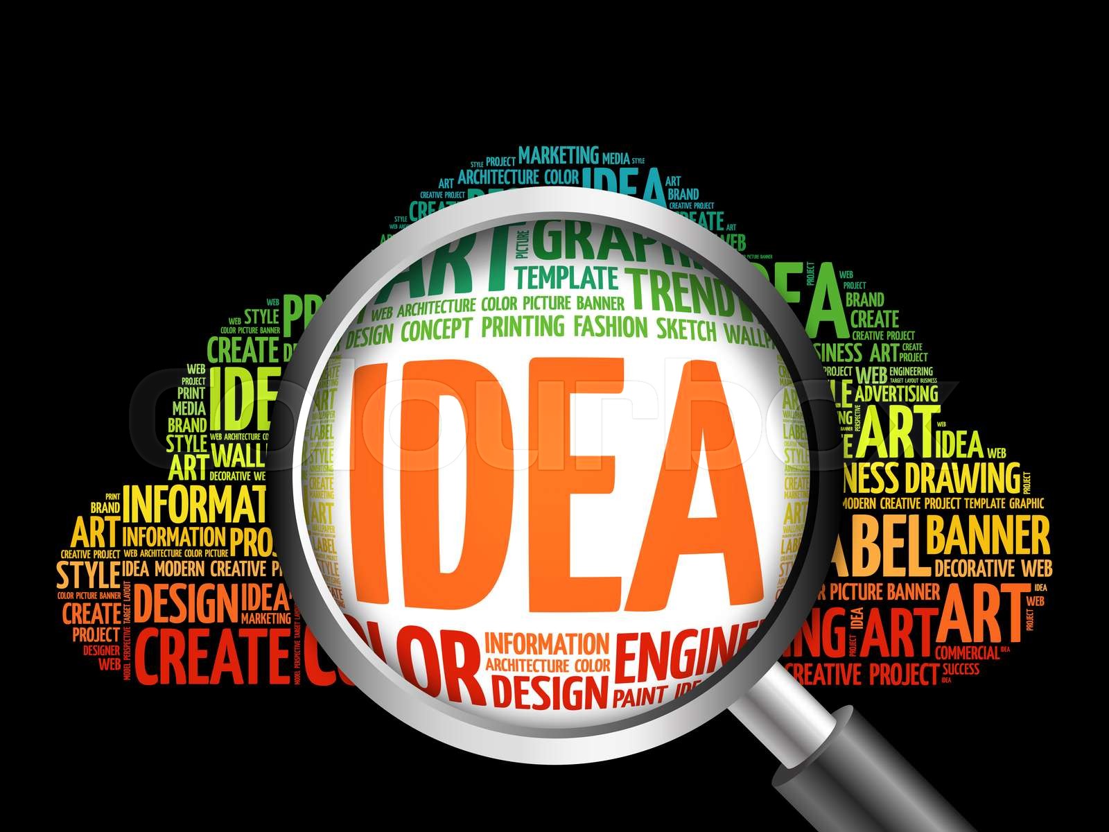 IDEA Word Cloud With Magnifying Glass Stock Image Colourbox
