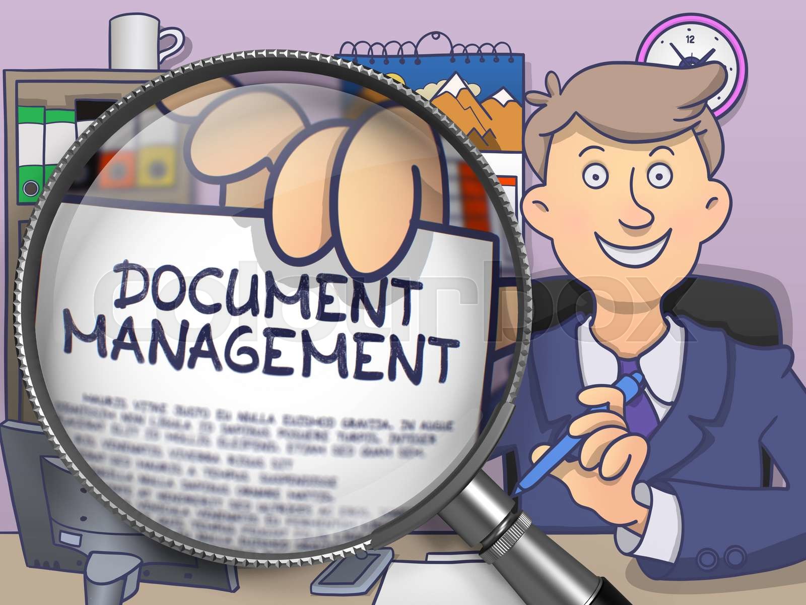 Document management through magnifier doodle concept stock image